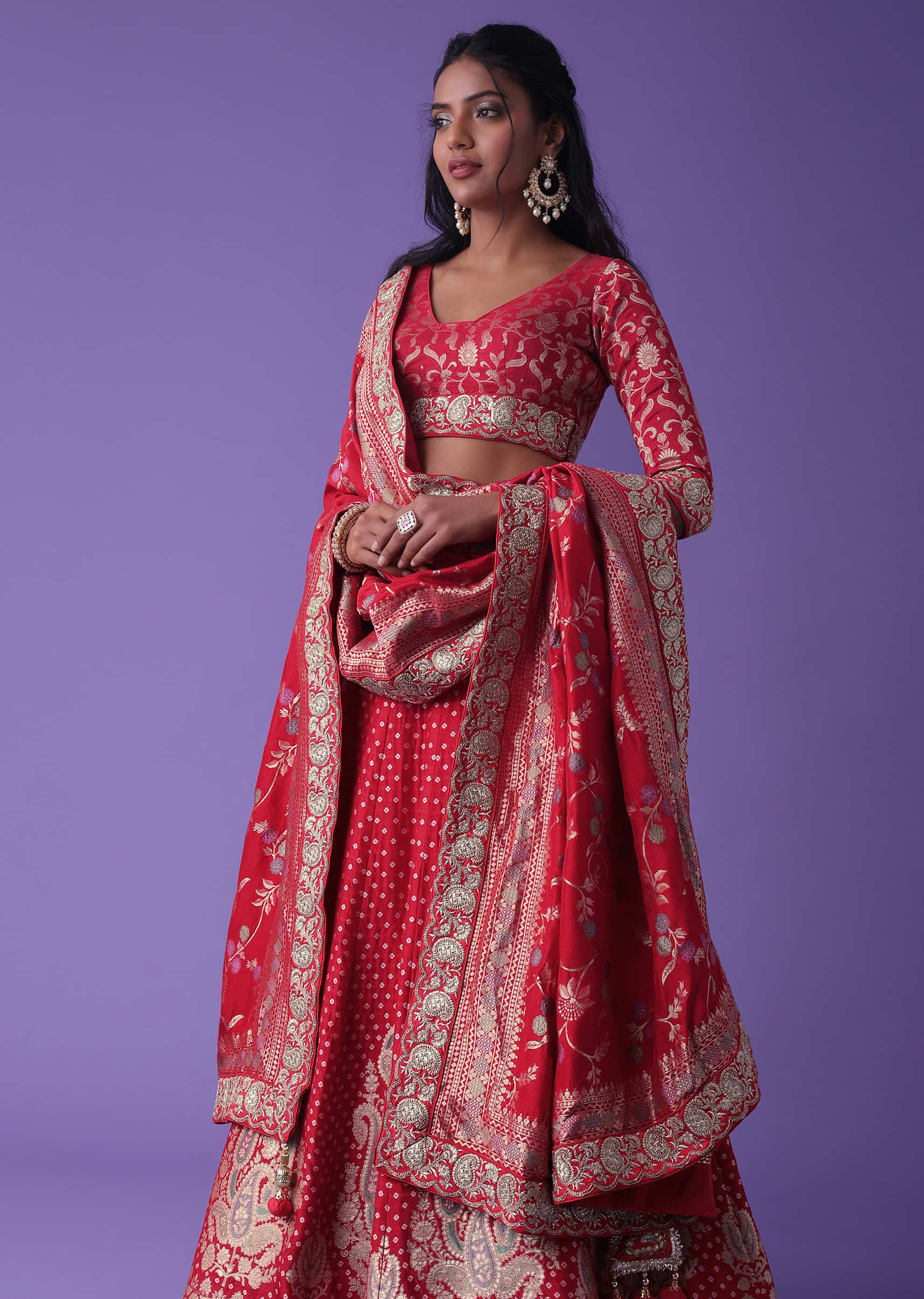 Lollipop Red Bandhani Weave Banarasi Silk Embroidered Lehenga