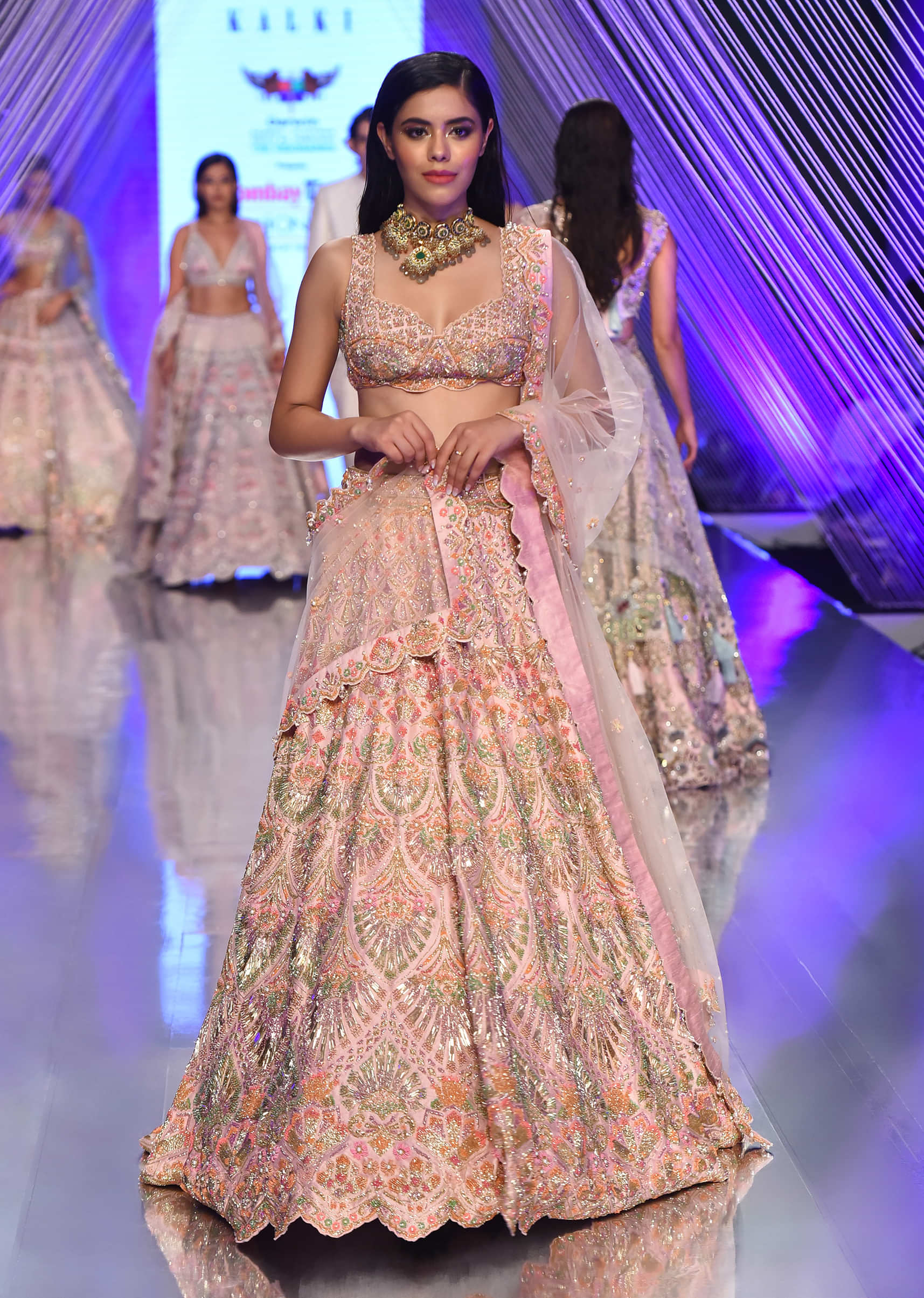 Pink Lehenga With A Crop Top In Zardozi Embroidery, Crop Top Comes In Sleeveless With A Corset Neckline