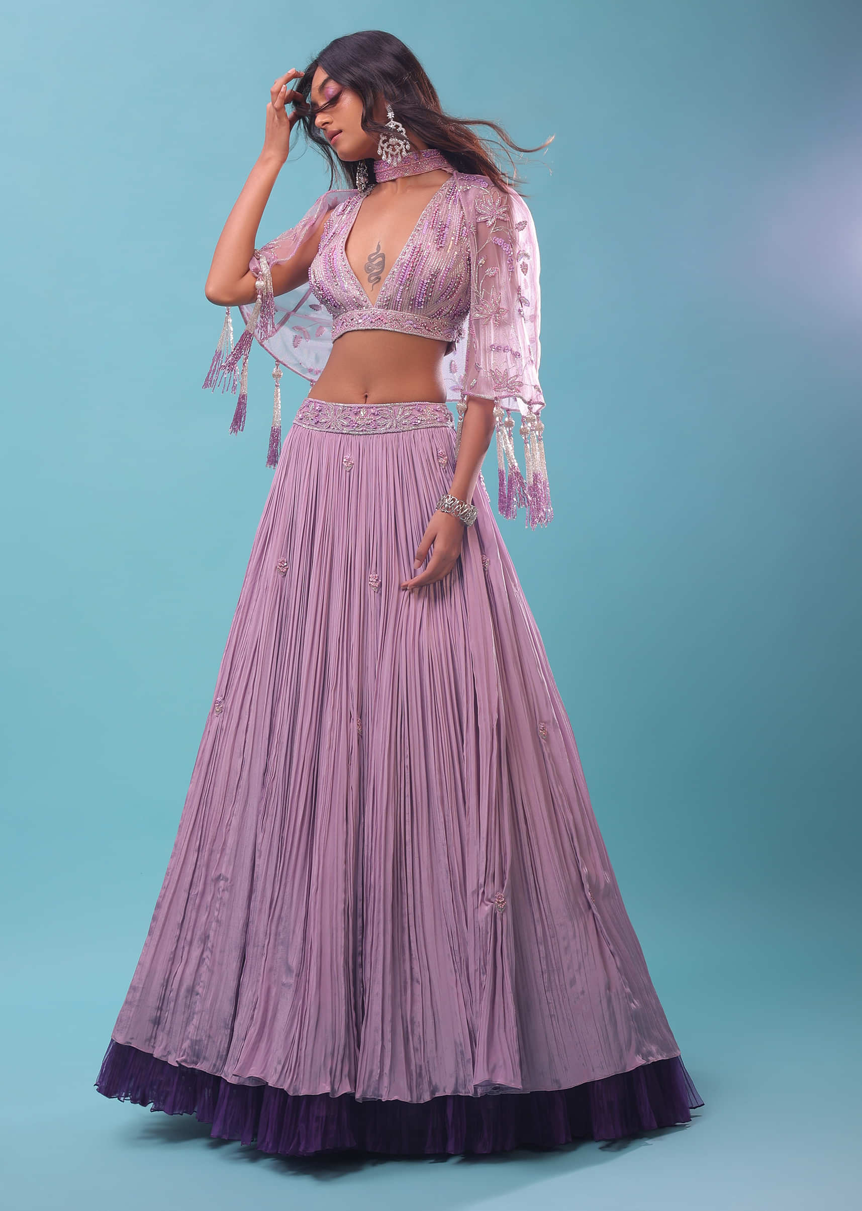 Ombre Lehenga And Crop Top In Moti Cut An Dana Embroidery, Cape Jacket In Tassels Fringes At The Border