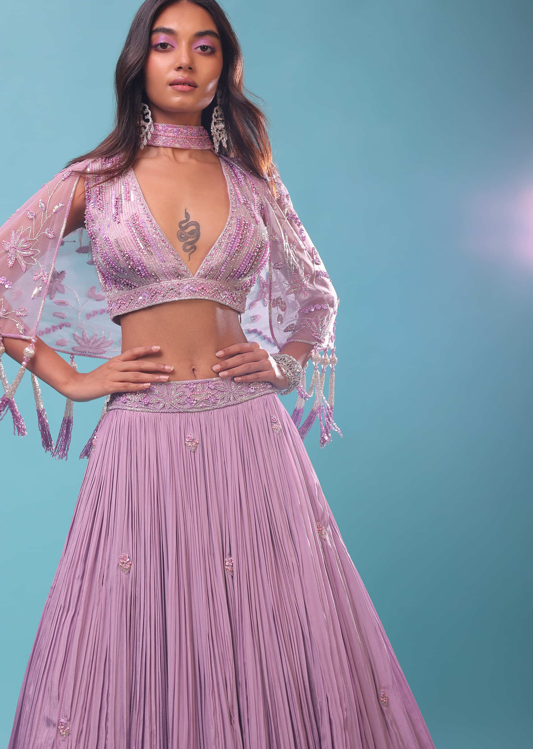 Ombre Lehenga And Crop Top In Moti Cut An Dana Embroidery, Cape Jacket In Tassels Fringes At The Border