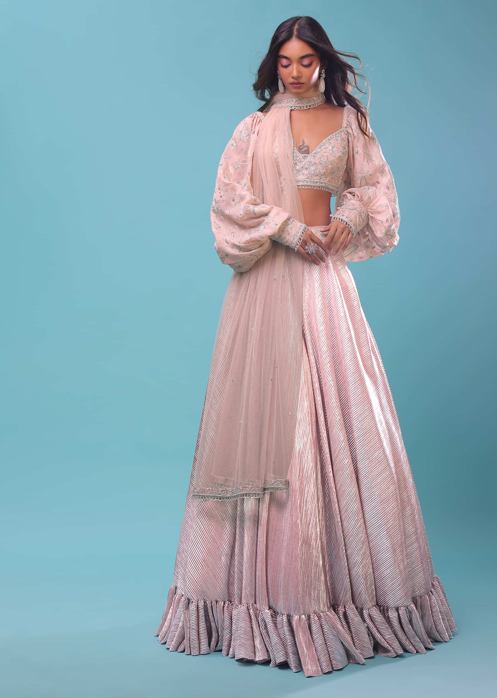 Powder Pink Shimmer Crush Lehenga And Crop Top In Balloon Sleeves With The Matching Dupatta