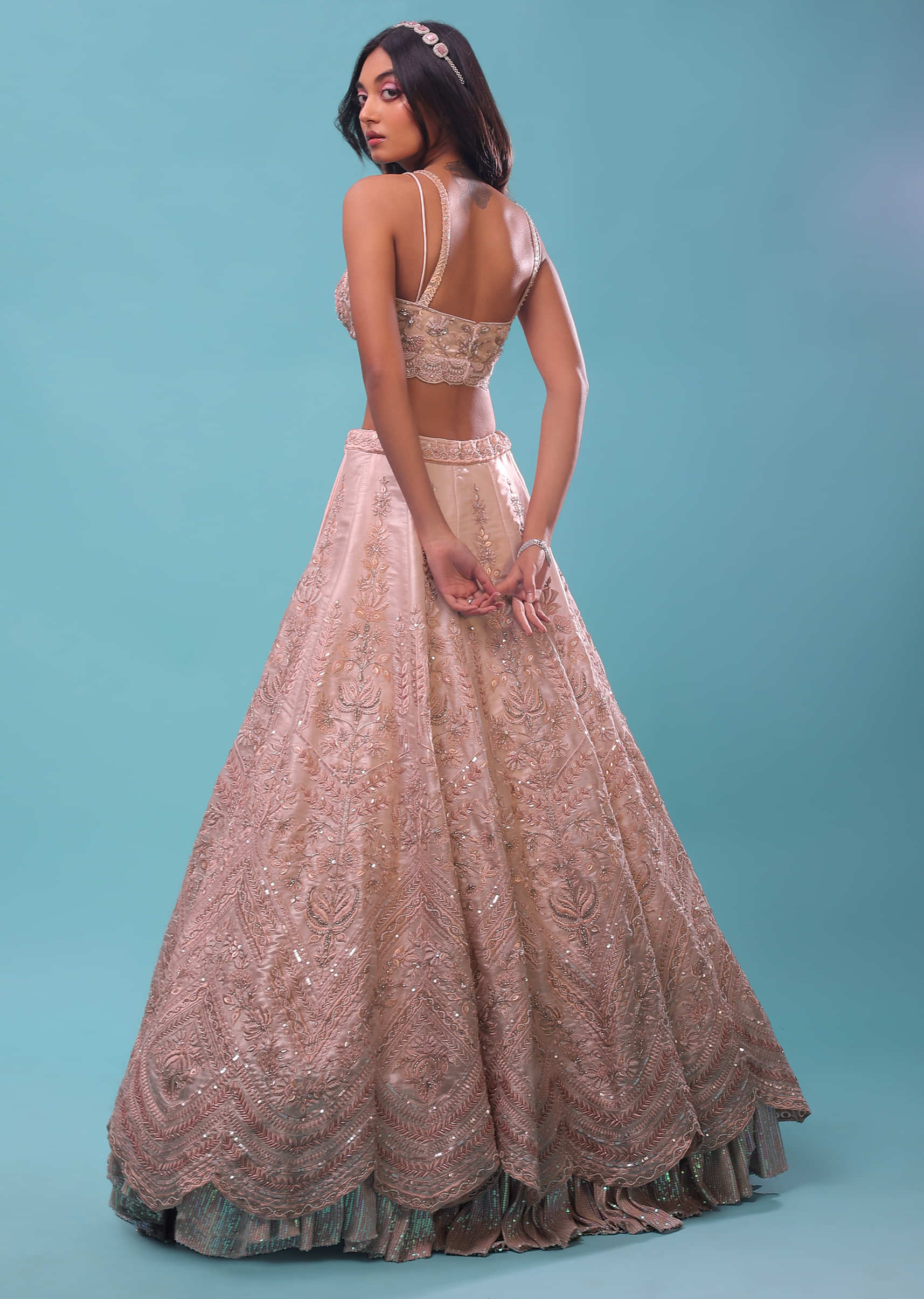 Powder Pink Lehenga And A Crop Top In Floral Resham Embroidery, Crop Top Comes In Spagetti Strap And Corset Neckline 