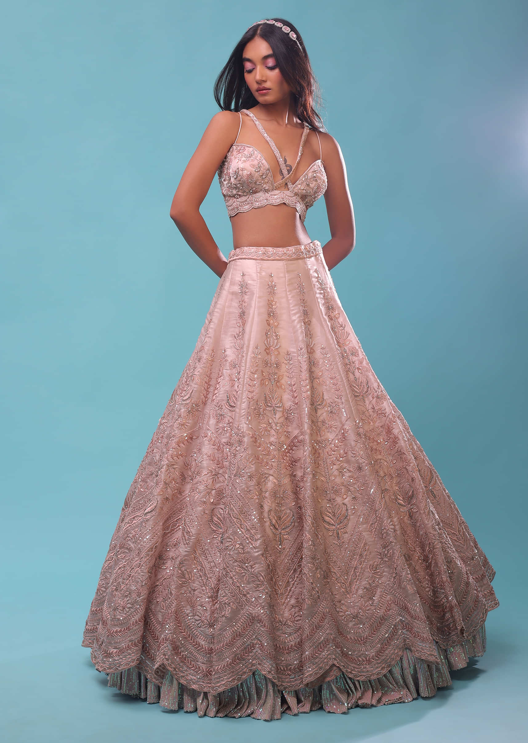 Powder Pink Lehenga And A Crop Top In Floral Resham Embroidery, Crop Top Comes In Spagetti Strap And Corset Neckline 
