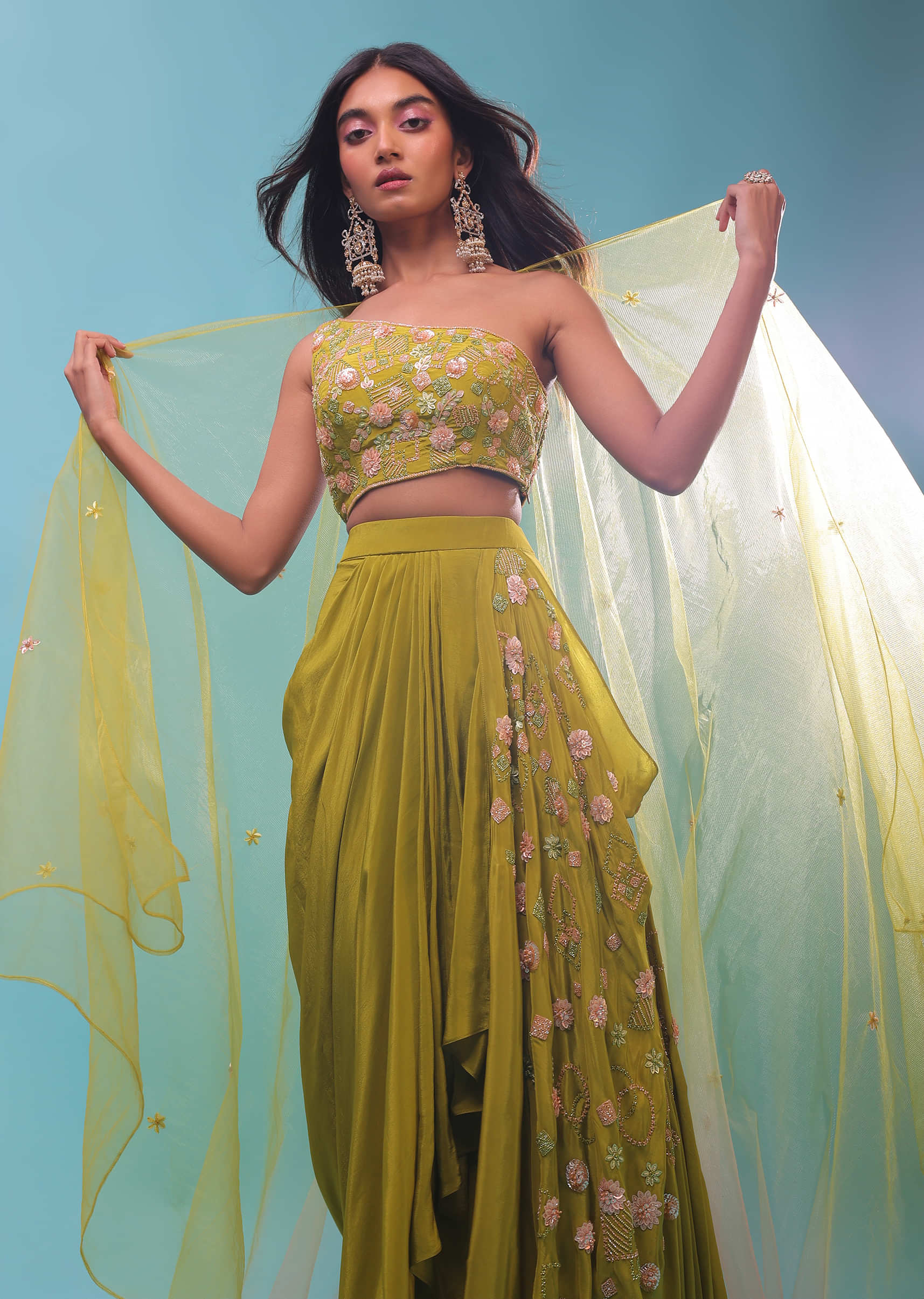 Citrus Green High-Low Dhoti Skirt And A Crop Top Set, Crafted In Crepe With Side Zip Closure