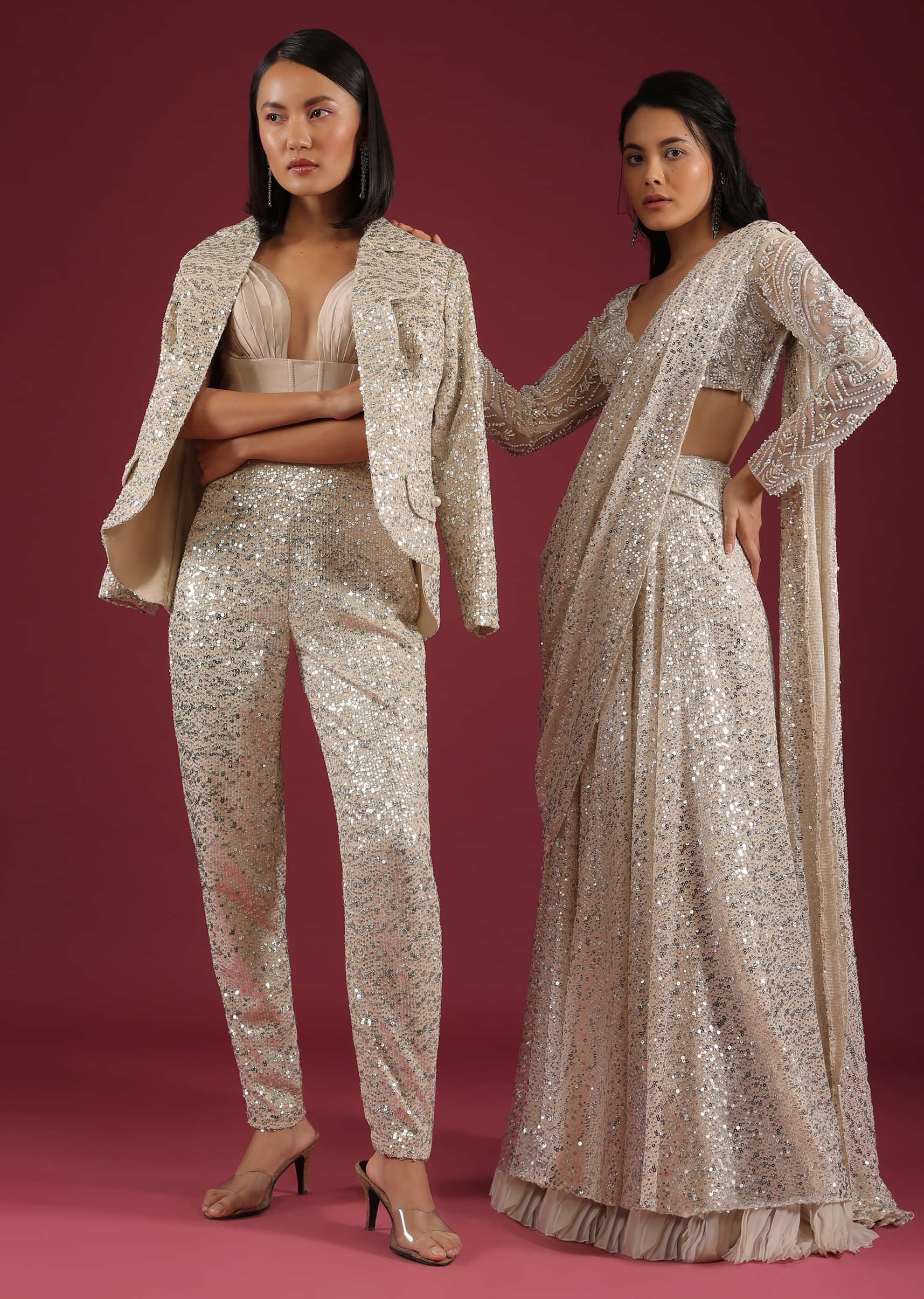 Sandshell Cream Palazzo Saree In Sequins Embroidery