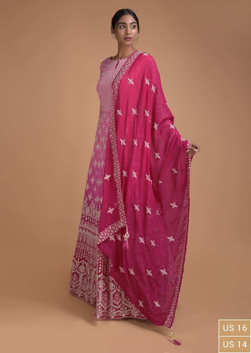 Taffy Pink And Rani Pink Ombre Anarkali Suit In Georgette With Lucknowi Thread Work Online - Kalki Fashion