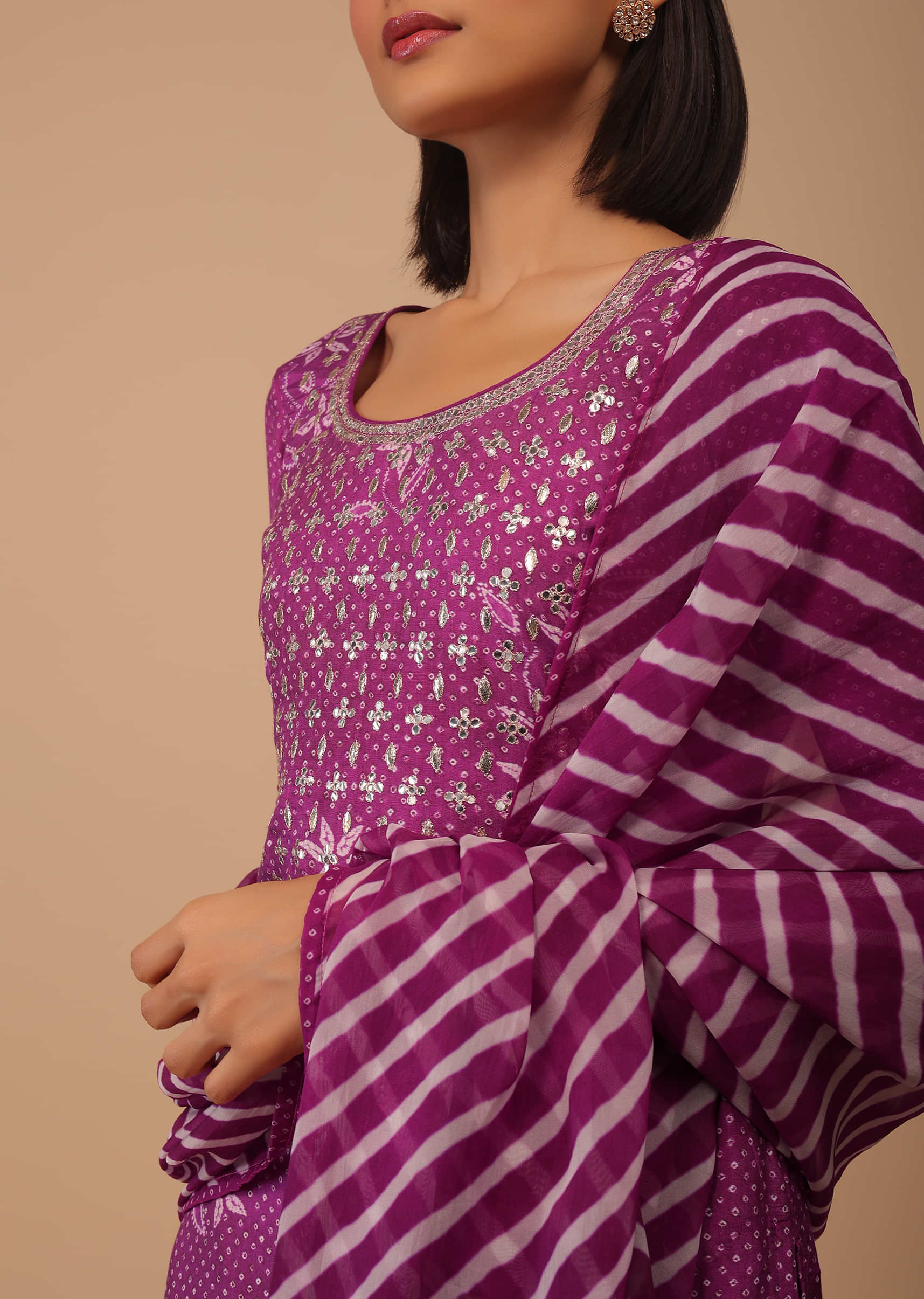 Grape Purple Embroidered Bandhani Printed Cotton Palazzo Suit With Leheriya Dupatta
