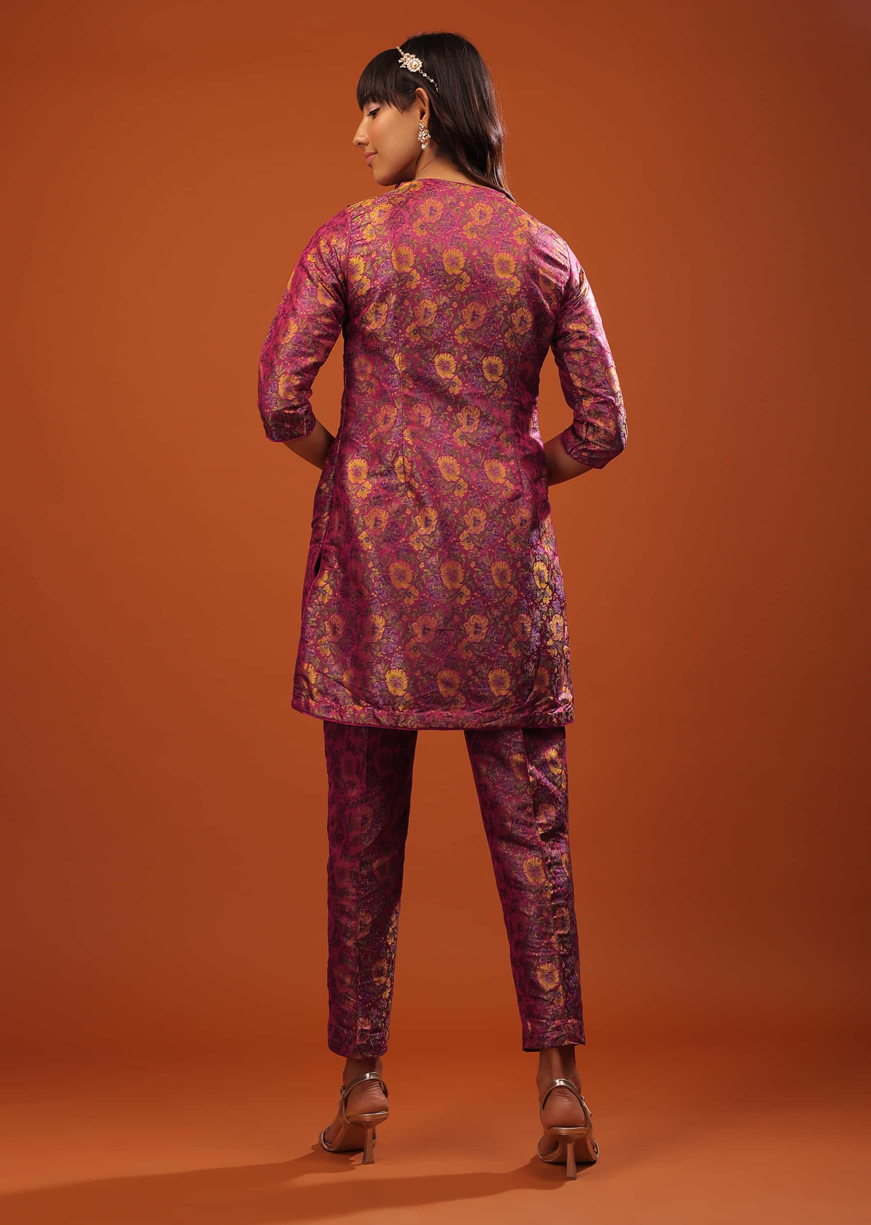 Burgundy Purple Banarasi Brocade Short Kurta And Cigarette Pants Set With Woven Floral Design