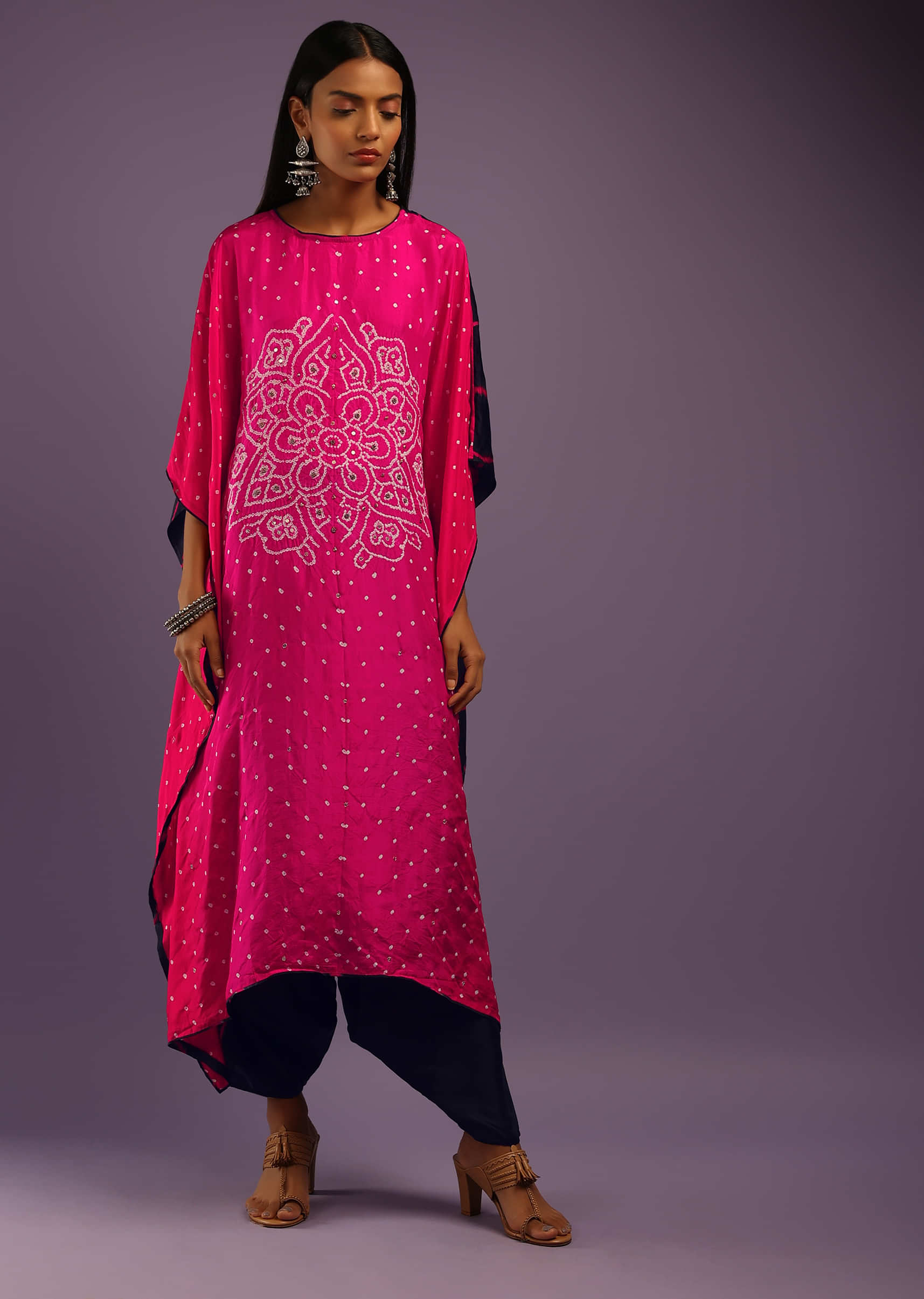 Magenta Kaftan Suit In Crepe With Real Bandhani And Tie Dye Design  