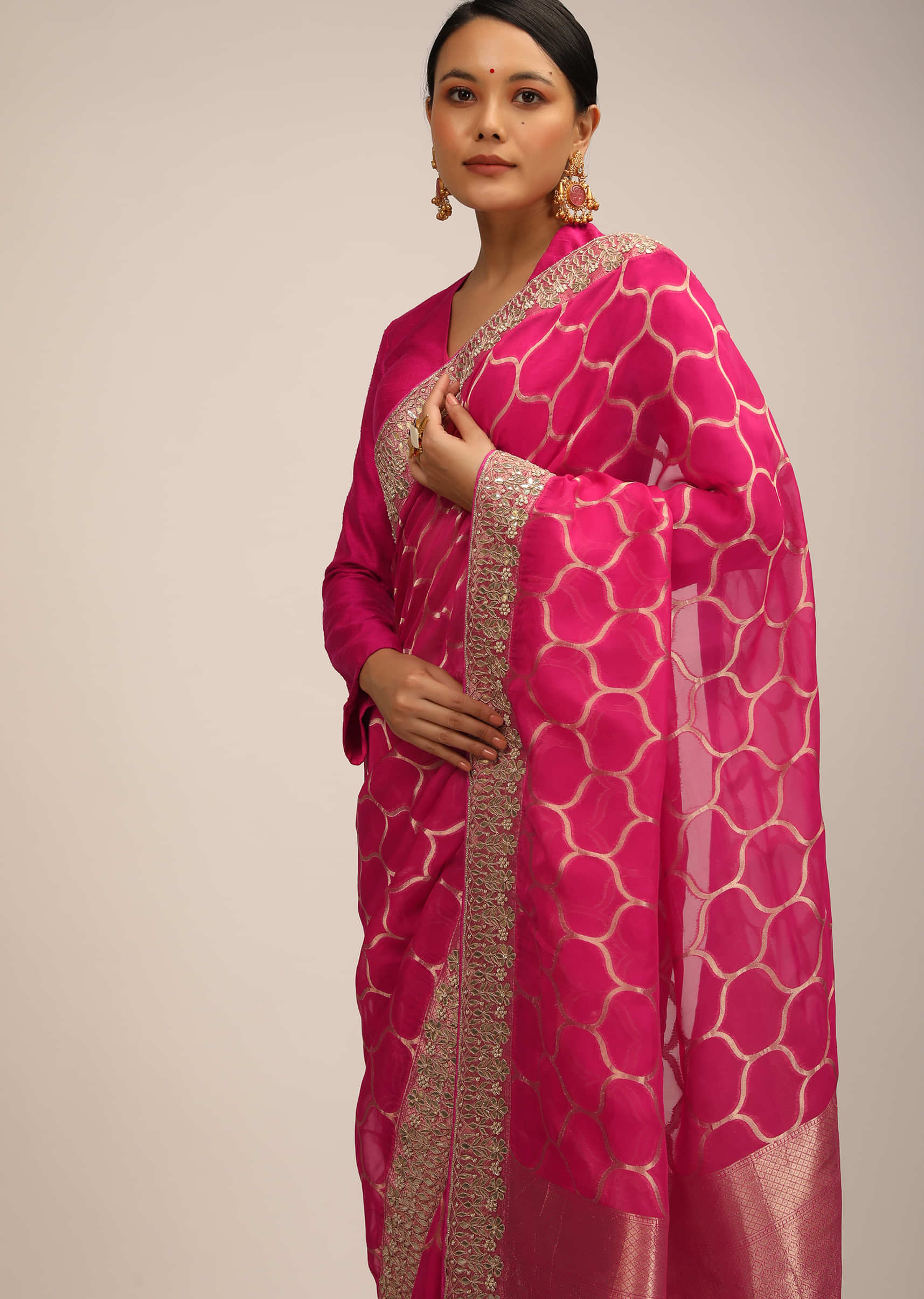 Magenta Saree In Organza Silk With Woven Moroccan Jaal And Gotta Patti Embroidered Floral Border