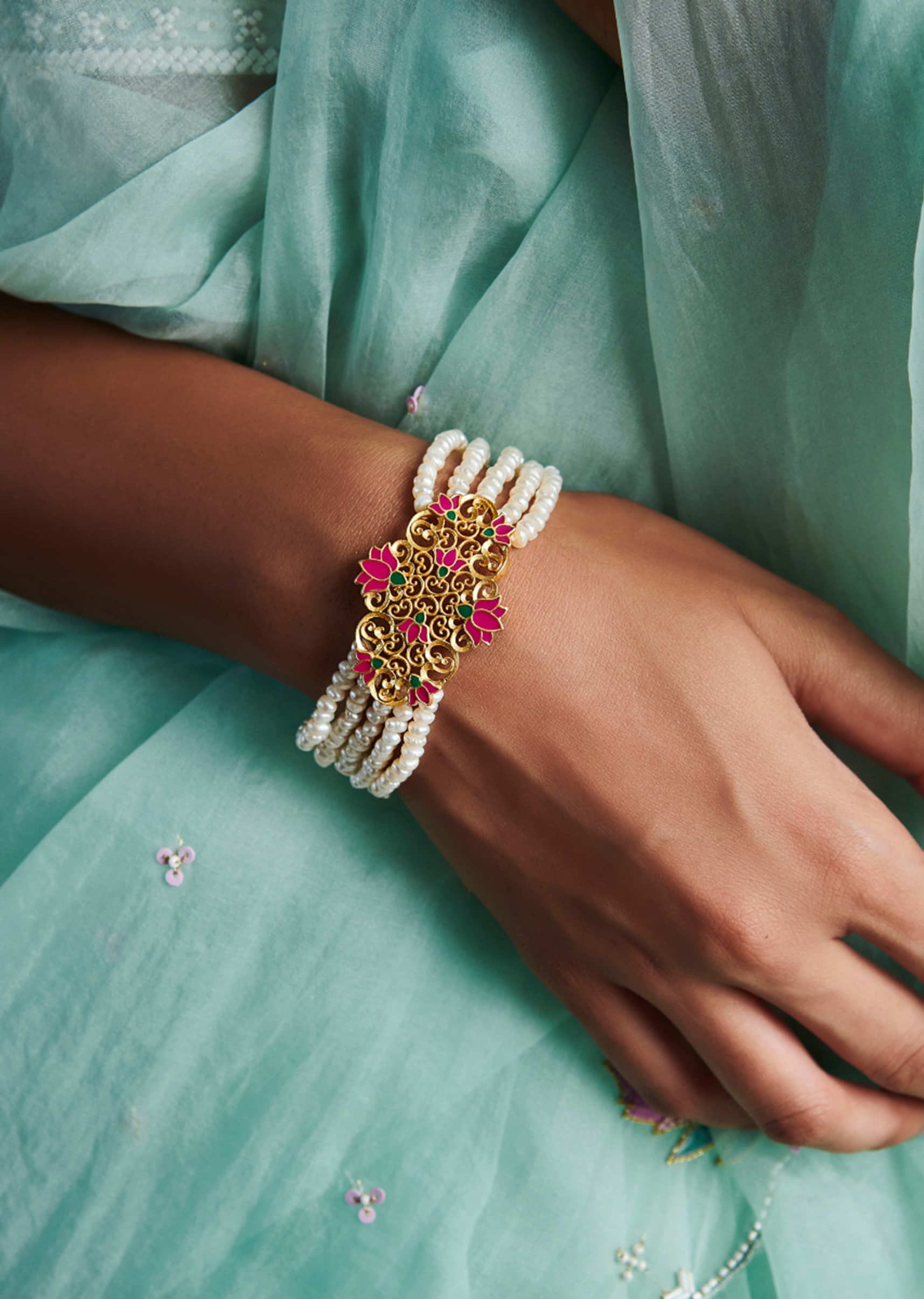 Maharani Lotus Bracelet In Pink And Green Enamel