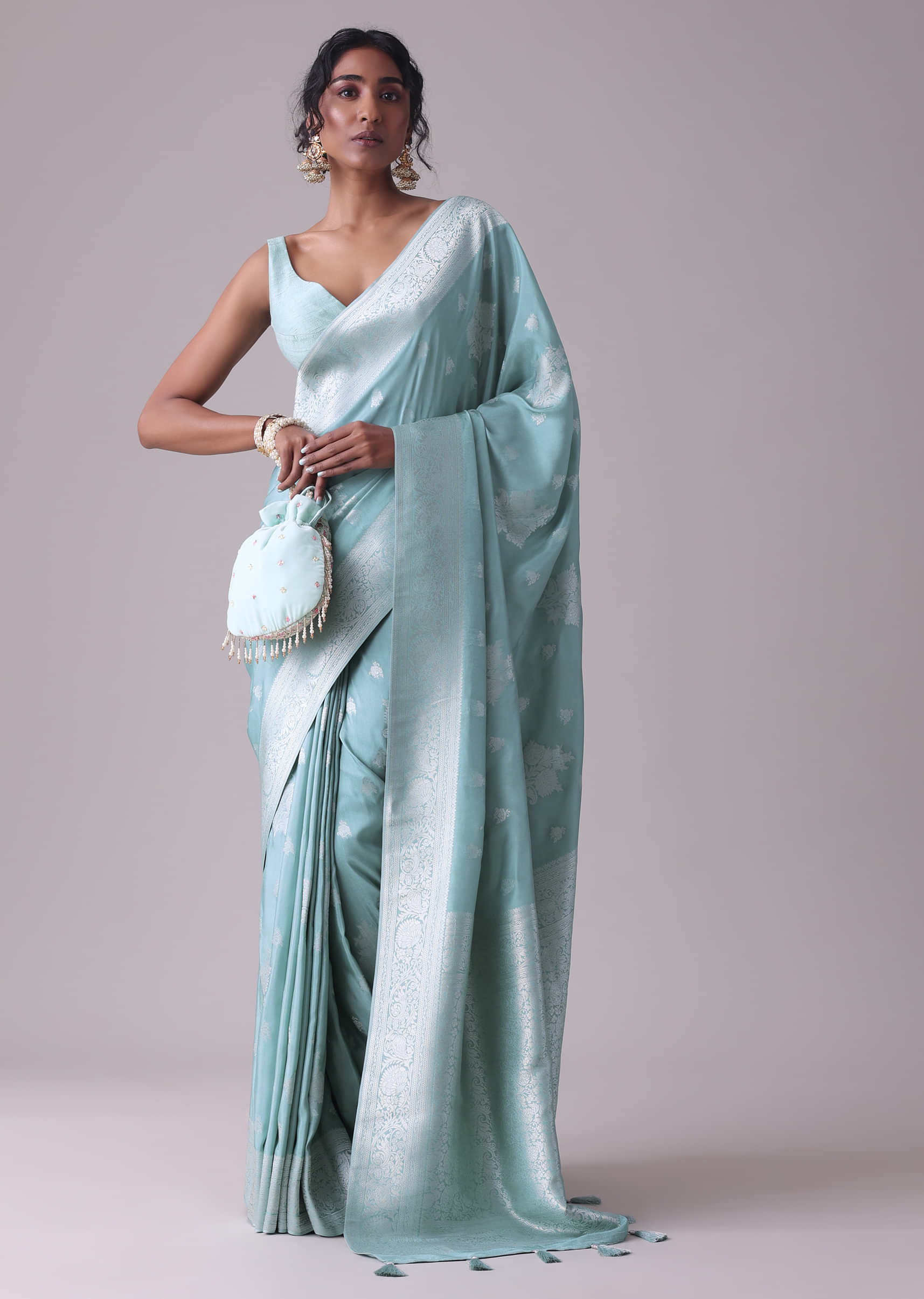 Marine Blue Woven Saree In Dola Silk And Silver Weave