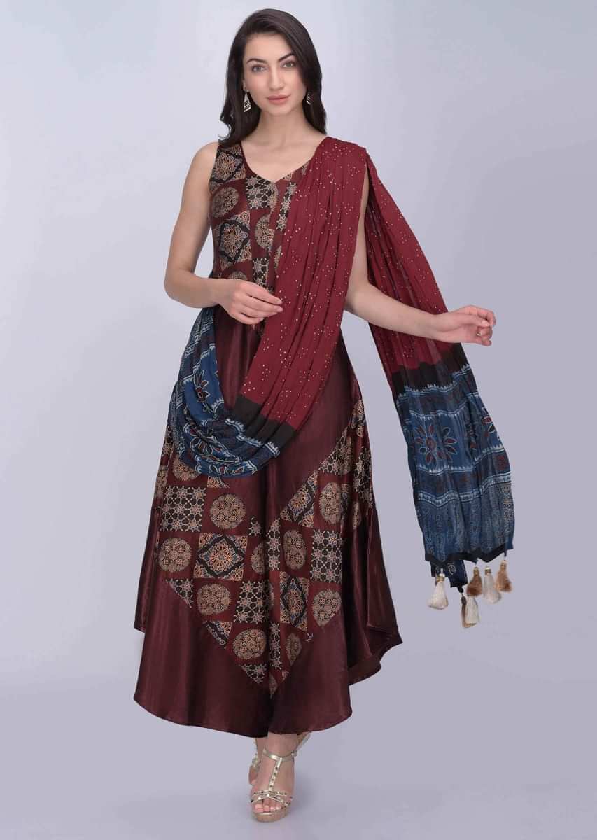 Maroon Jumpsuit In Printed Dupion Fabric With Fancy Chiffon Drape  