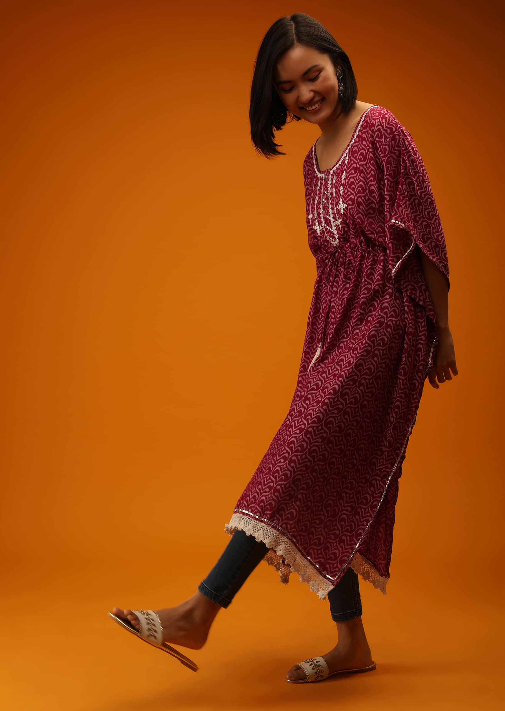 Maroon Kaftan In Cotton With Ikkat Jaal Print And Mirror Embroidered Yoke Online - Re By Kalki