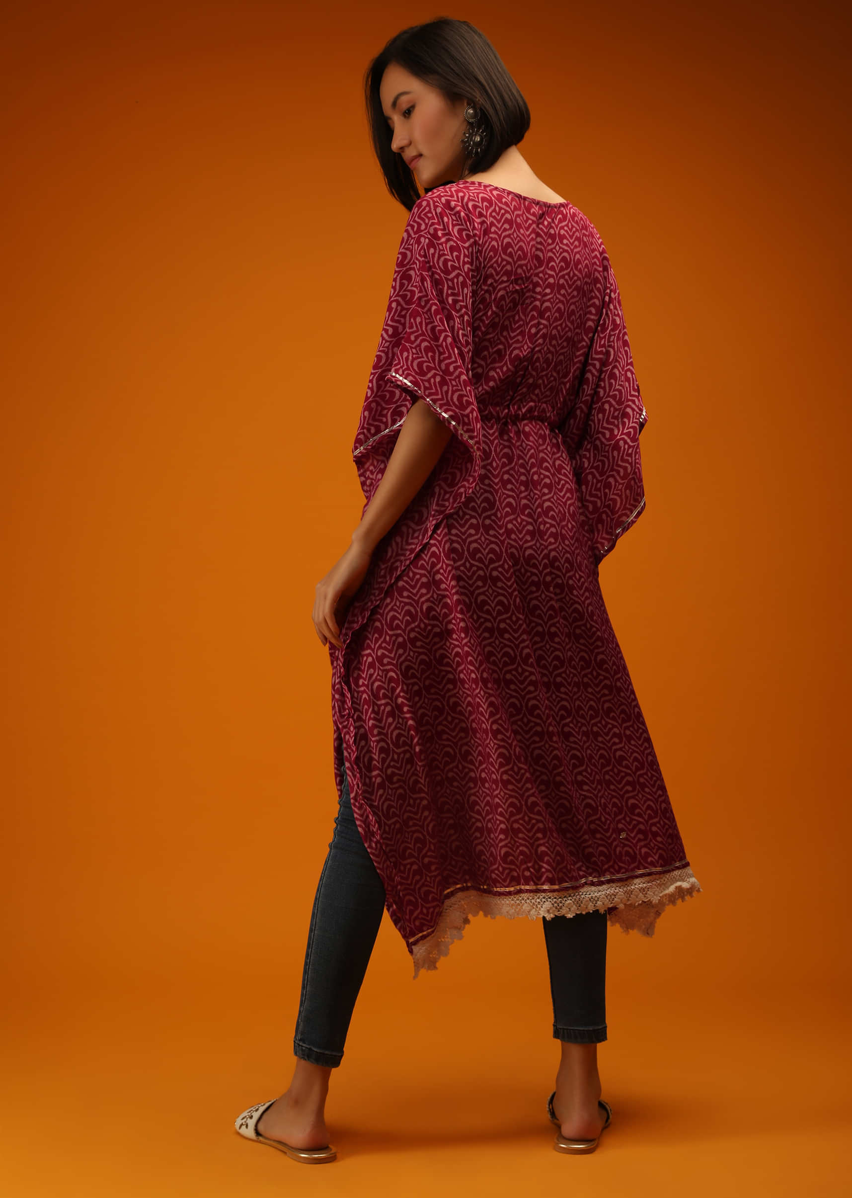 Maroon Kaftan In Cotton With Ikkat Jaal Print And Mirror Embroidered Yoke Online - Re By Kalki