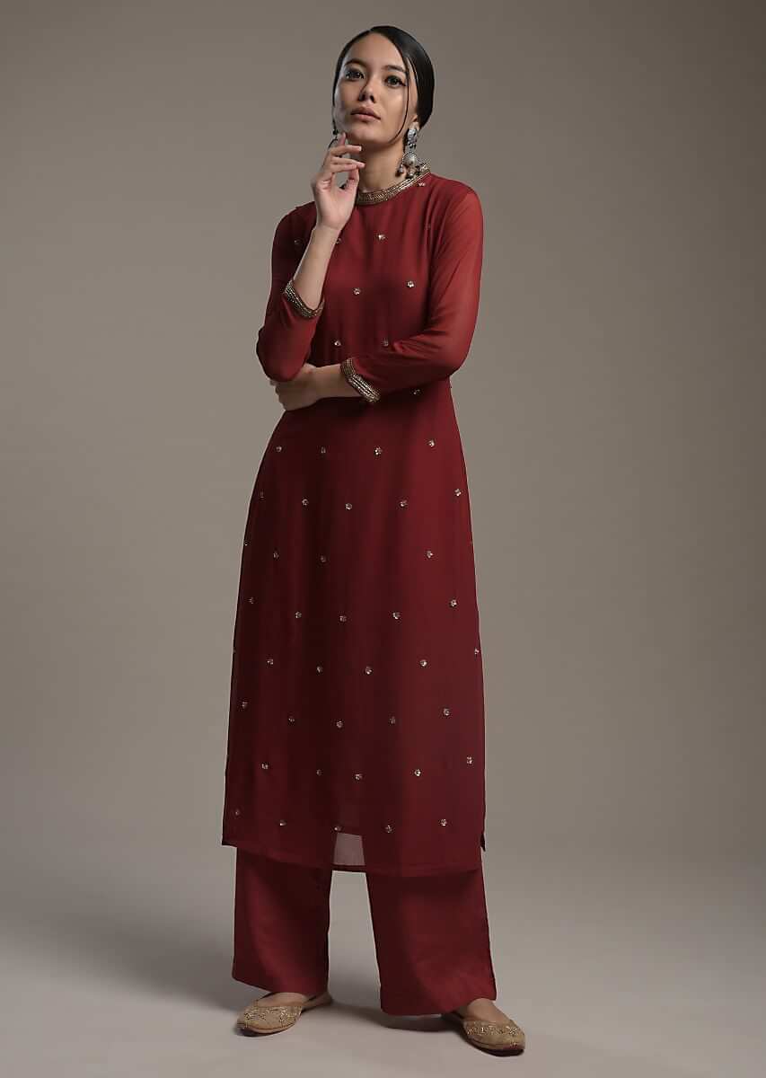 Maroon Georgette Fabricated Straight Cut Suit With Sequin Embellished Buttis