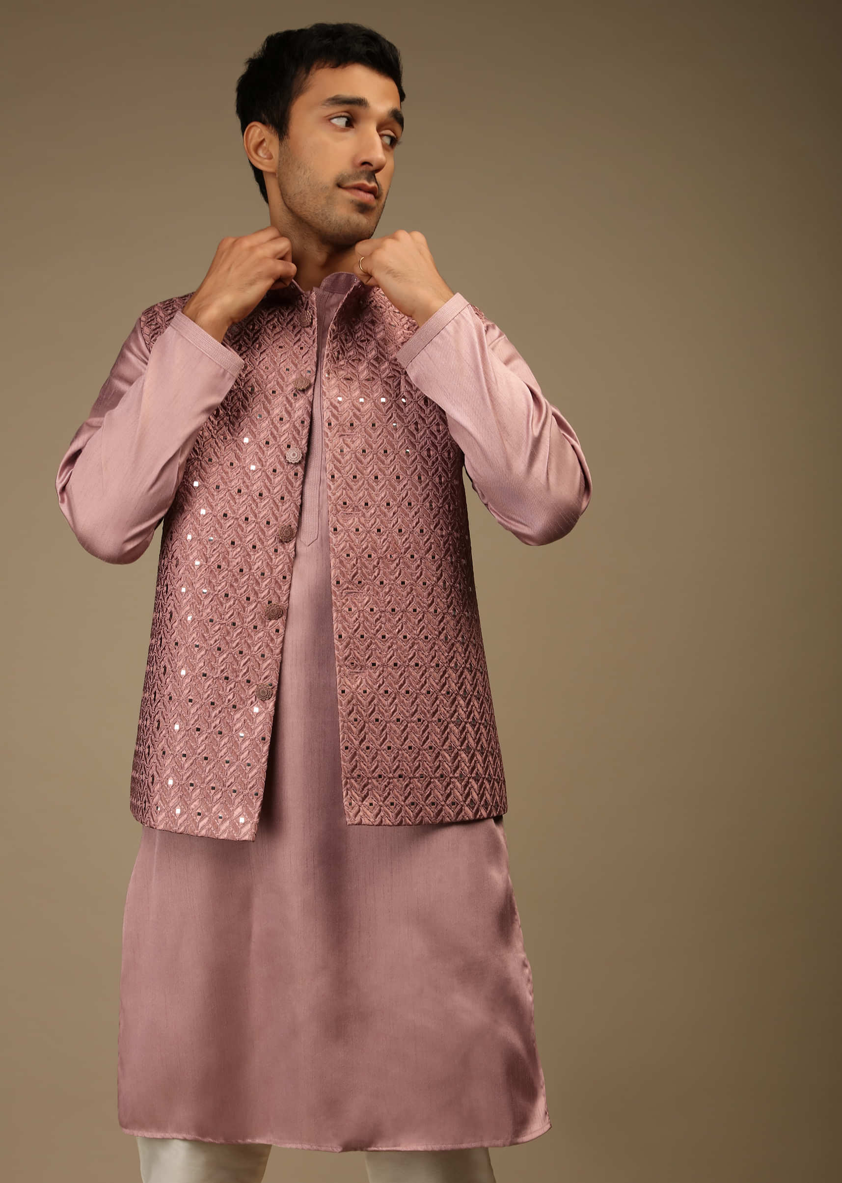 Mauve Nehru Jacket And Kurta Set In Raw Silk With Resham And Mirror Abla Embroidered Geometric Jaal