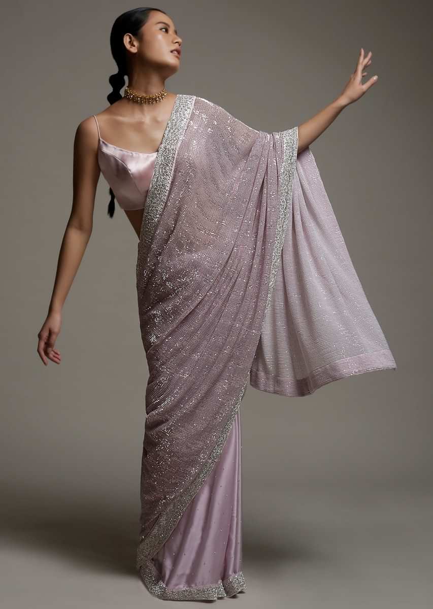 Mauve Pink Half And Half Saree In Crepe With Crushed Sequins Pallu And Unstitched Blouse  