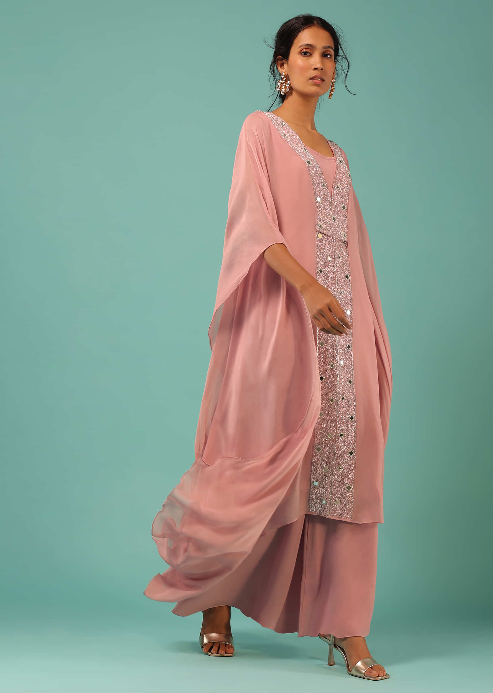 Candy Pink Kaftan And Palazzo Suit In Georgette With Mirror Abla And Moti Work