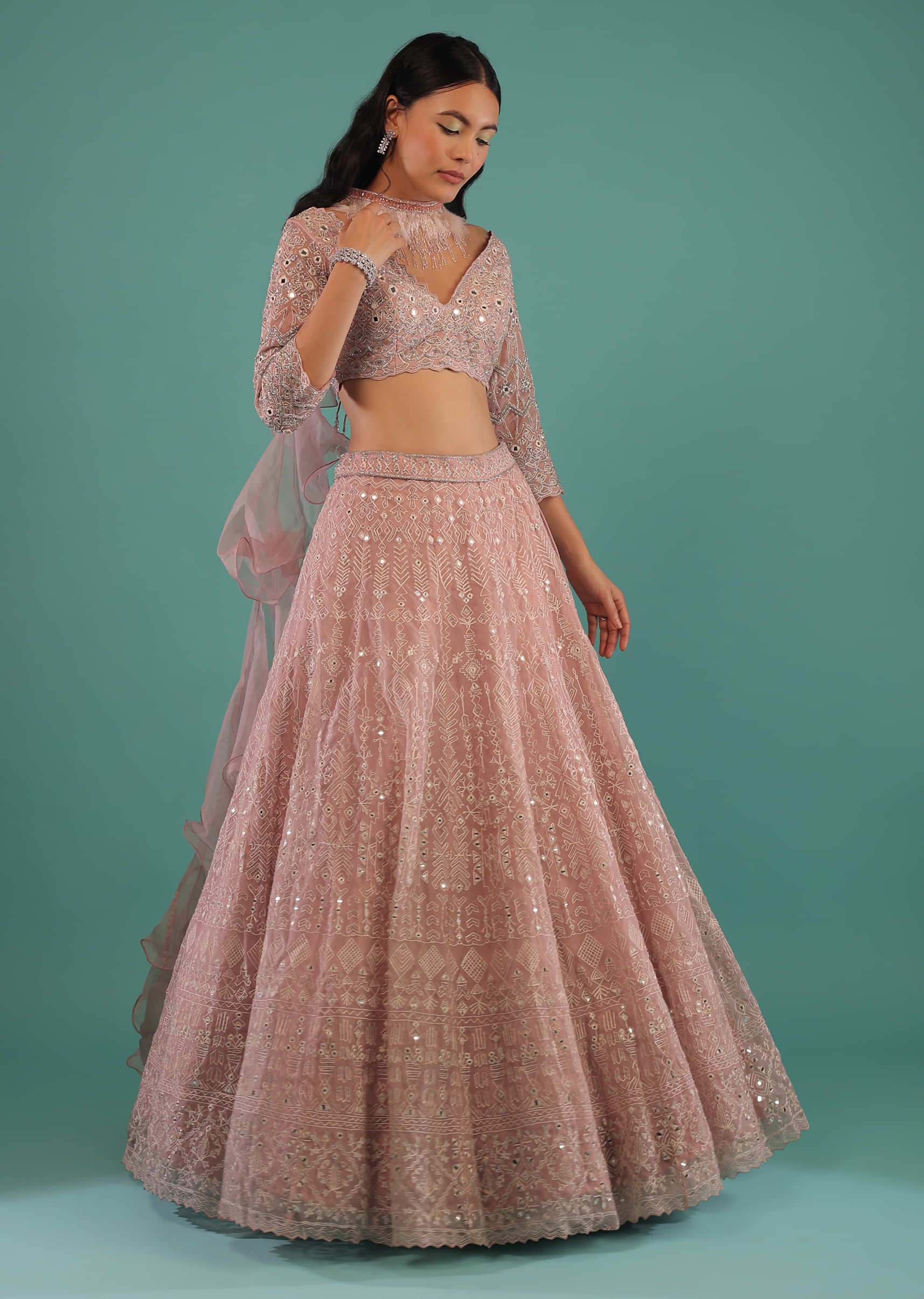 Mauve Pink Lehenga Choli In Organza With Abla And Resham Aari Work And Feather Detailed Ruffle Dupatta