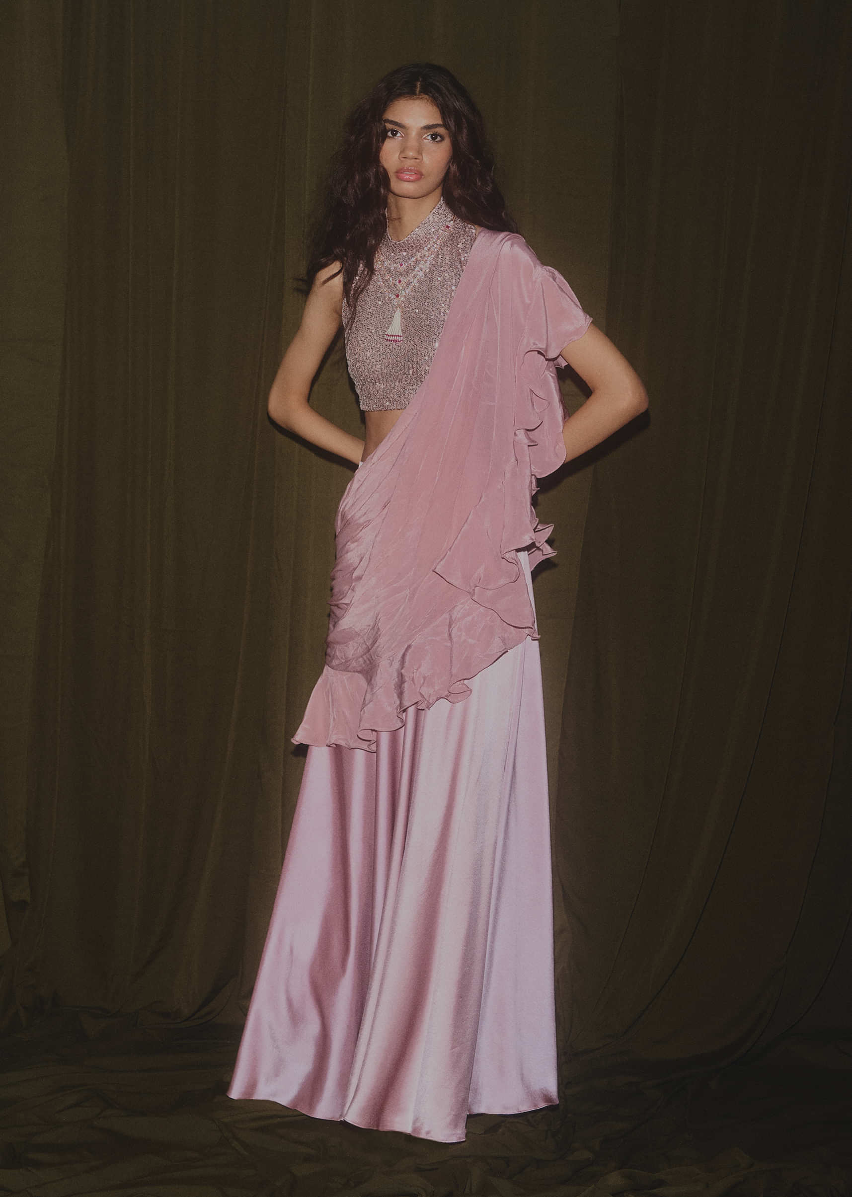 Mauve Pink Satin Skirt With Taupe Sequins Blouse Featuring Criss Cross Straps On The Back