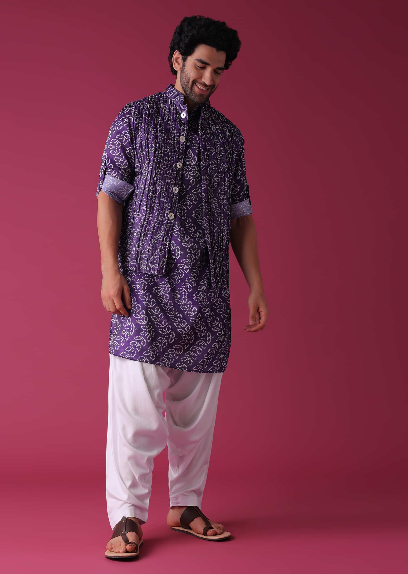 Mauve Purple Jacket Kurta Set In Silk With Bandhani Print