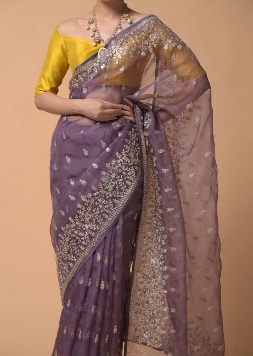 Mauve Purple Saree In Organza With Zari Cord Embroidery In Floral And Paisley Motifs