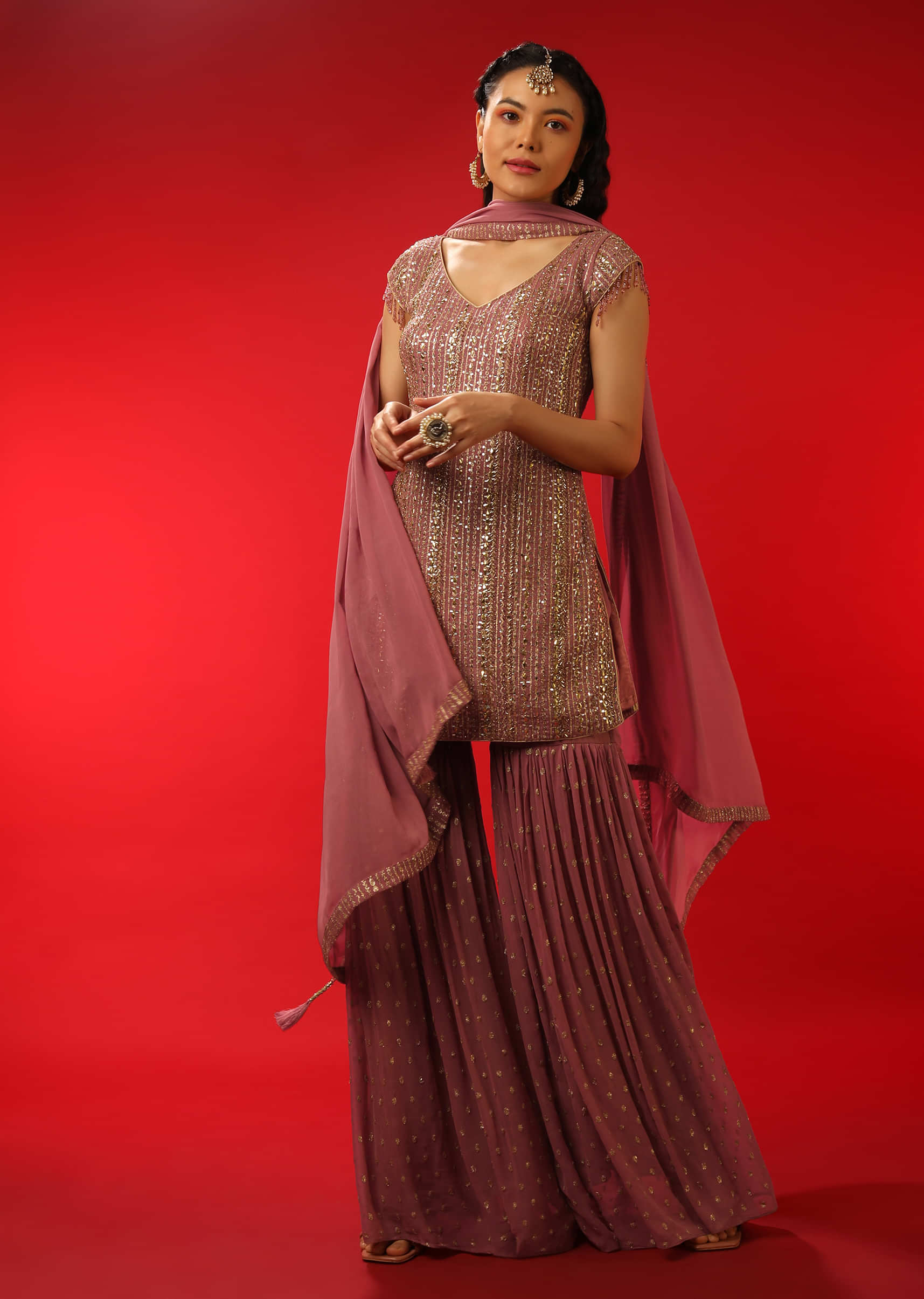 Mauve Sharara Suit In Georgette With Kundan And Zari Embroidered Stripes  