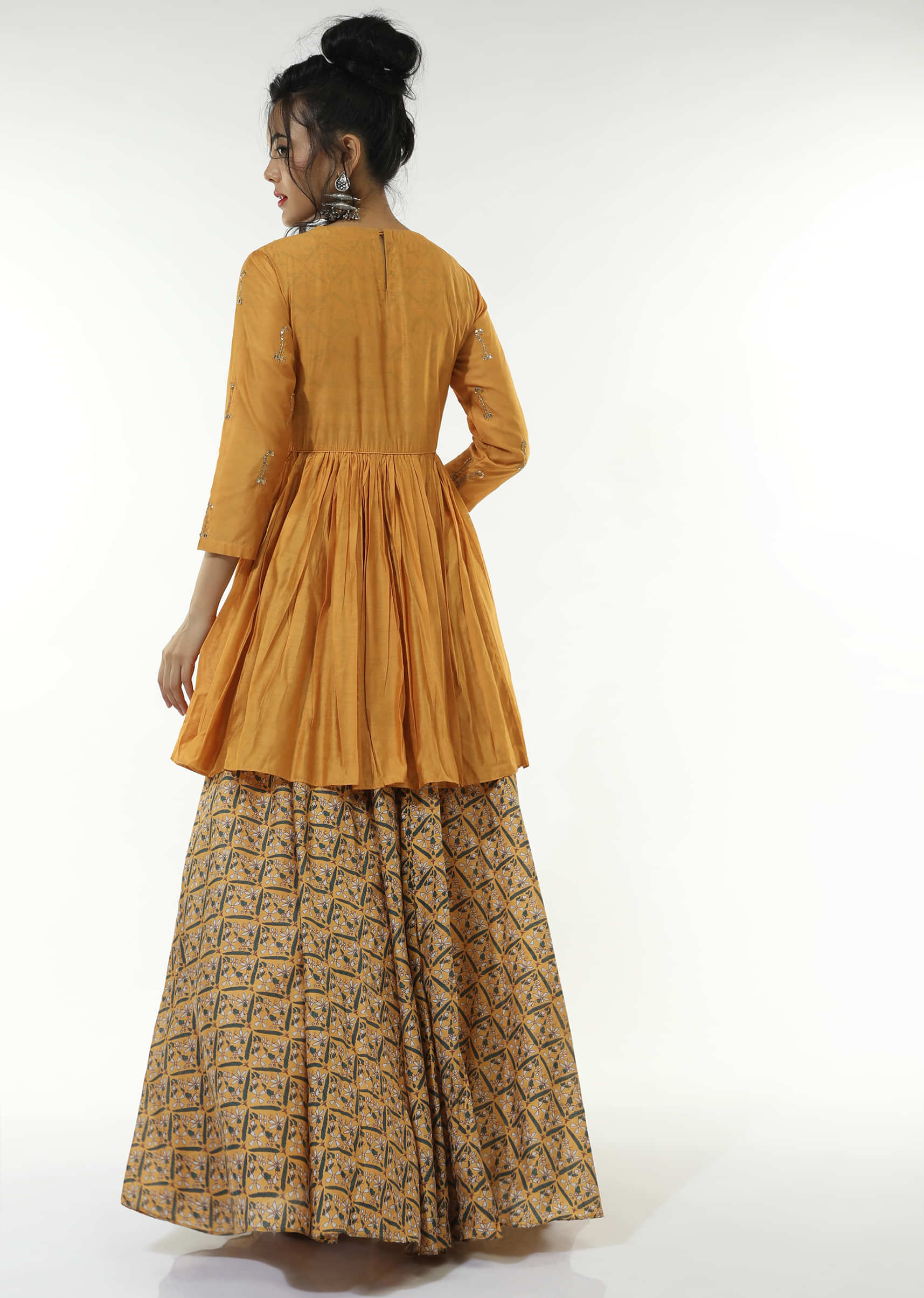 Mellow Yellow Long Dress With Floral Jaal Print And An Attached Peplum Jacket With Front Tie Up And Zari Work  