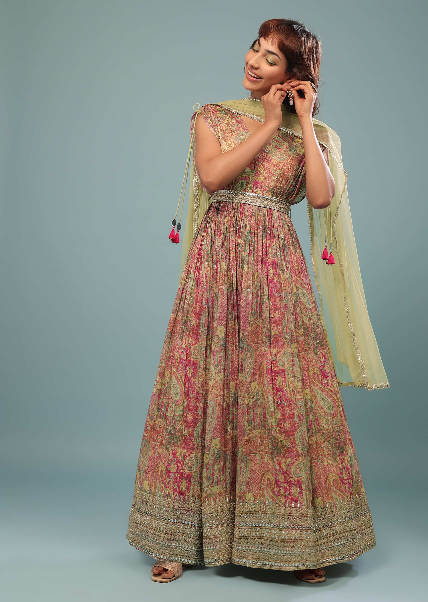Lime Green Embroidered Anarkali With Multicolour Print In Chinon