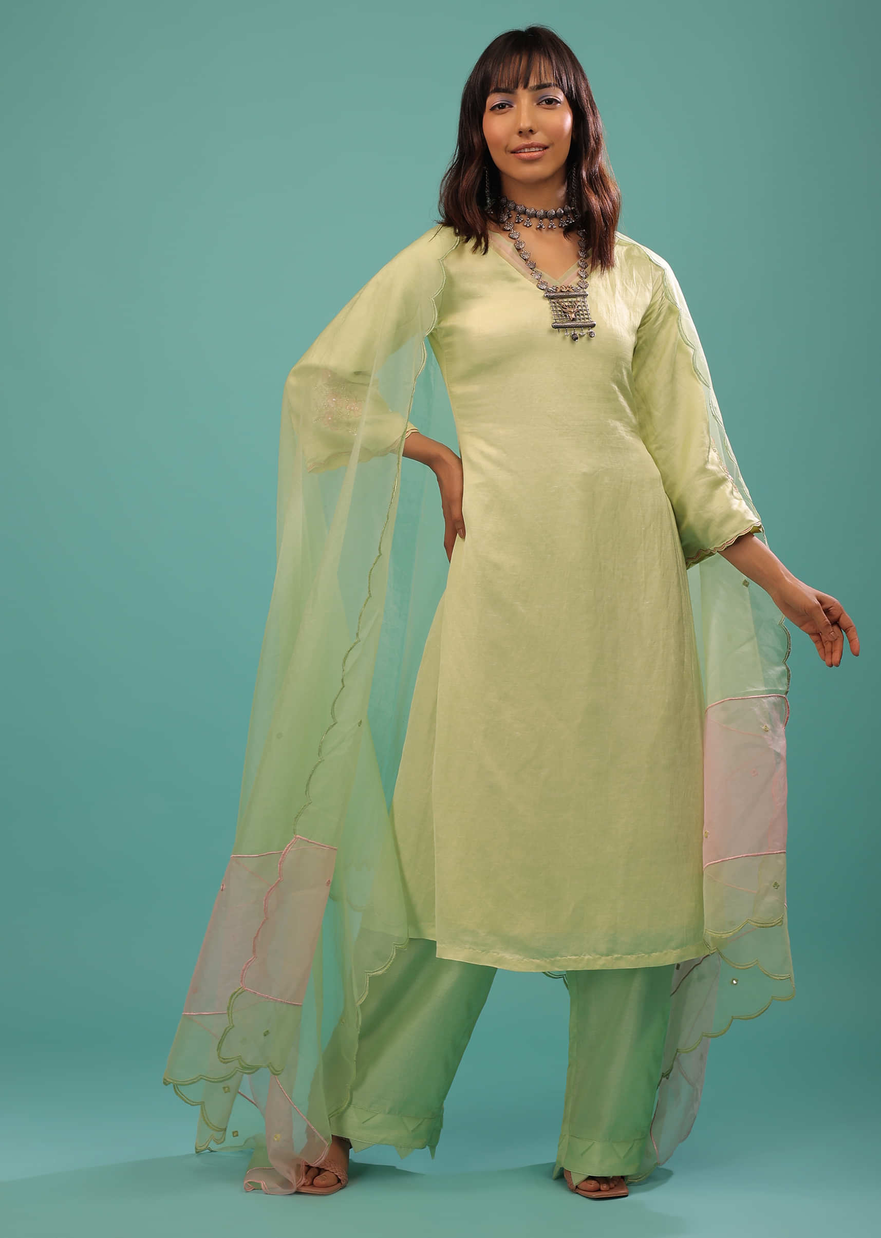 Lime Green Linen Satin Straight Cut Palazzo Suit With Floral Embroidery On The Sleeves