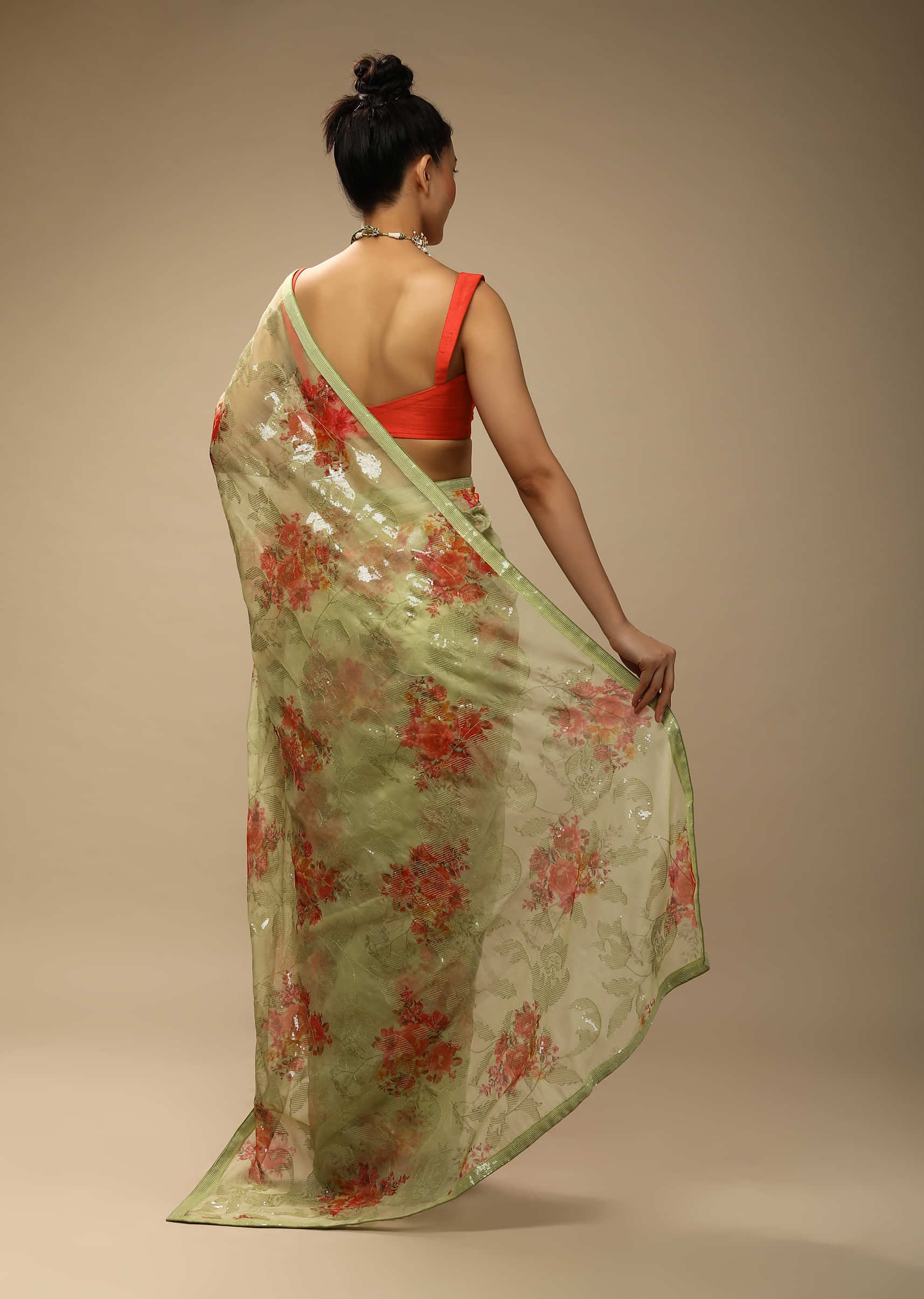 Mellow Green Saree In Organza Silk With Printed Floral Bouquets And Sequins Embroidery