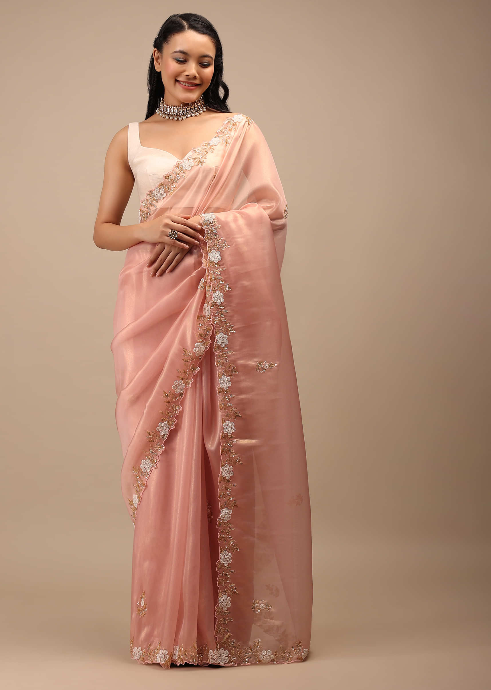 Mellow Rose Glass Tissue Saree In White Moti And Cut Dana Embroidery Buttis, Border Has Cutwork Detailing