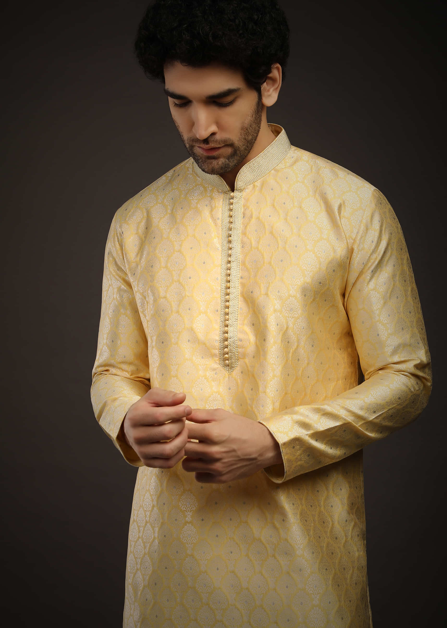 Mellow Yellow Kurta Set In Brocade Silk With Woven Design All Over And Zari Work On The Placket
