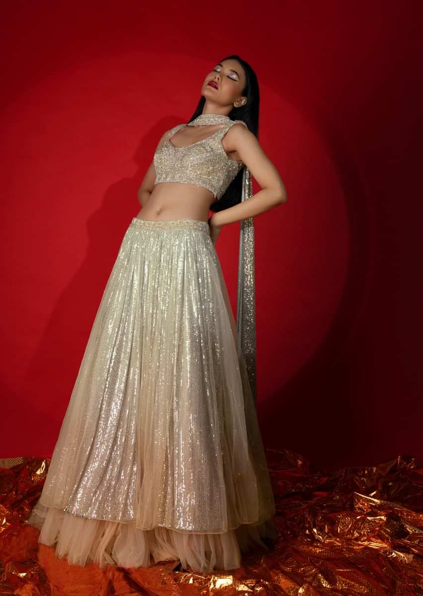 Melon Peach Ombre Lehenga Embellished In Sequins With Heavily Hand Embroidered Choli And Choker Dupatta