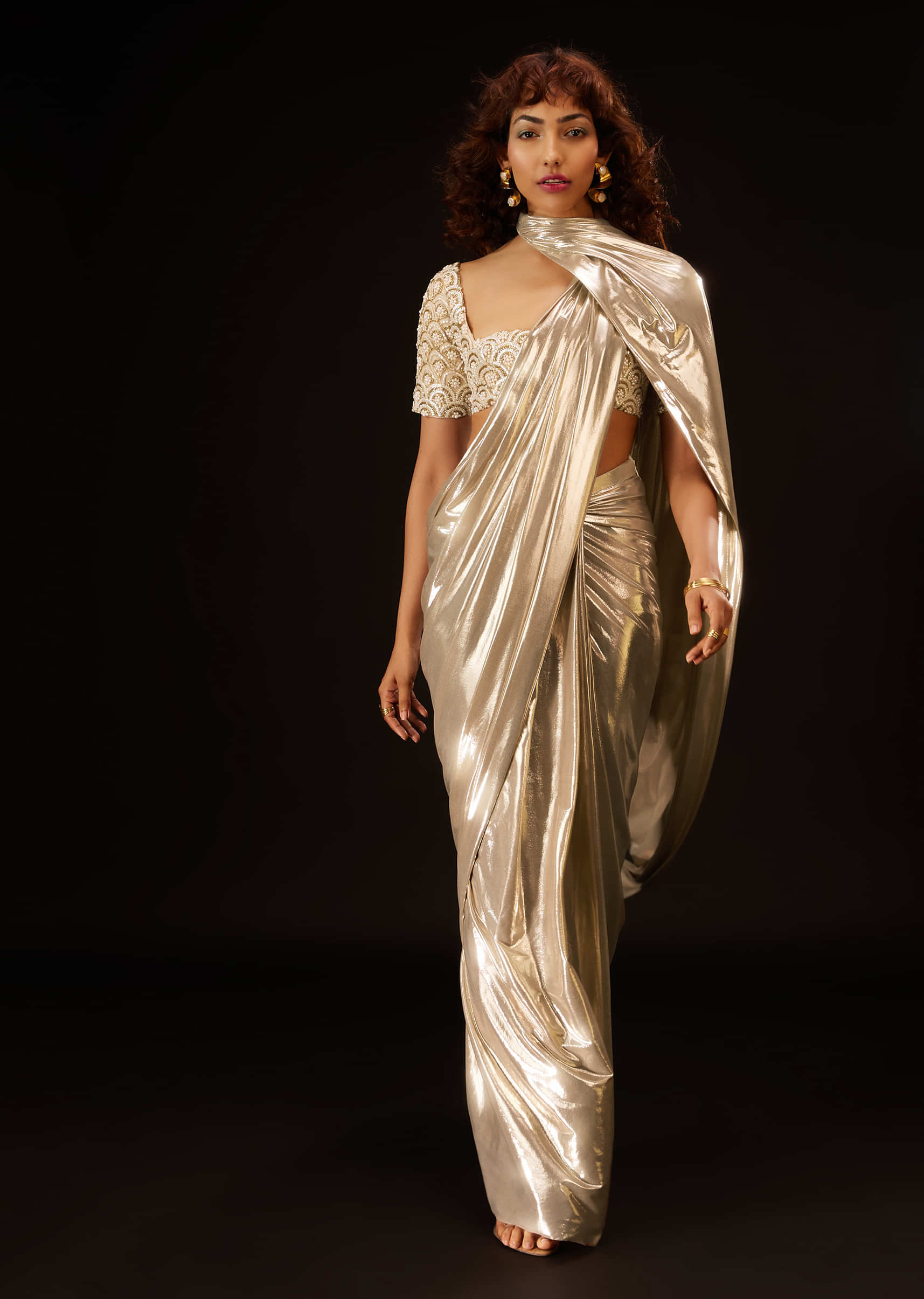 Metallic Gold Pre-Pleated Saree In Lycra With An Embroidered Blouse - DEME X KALKI