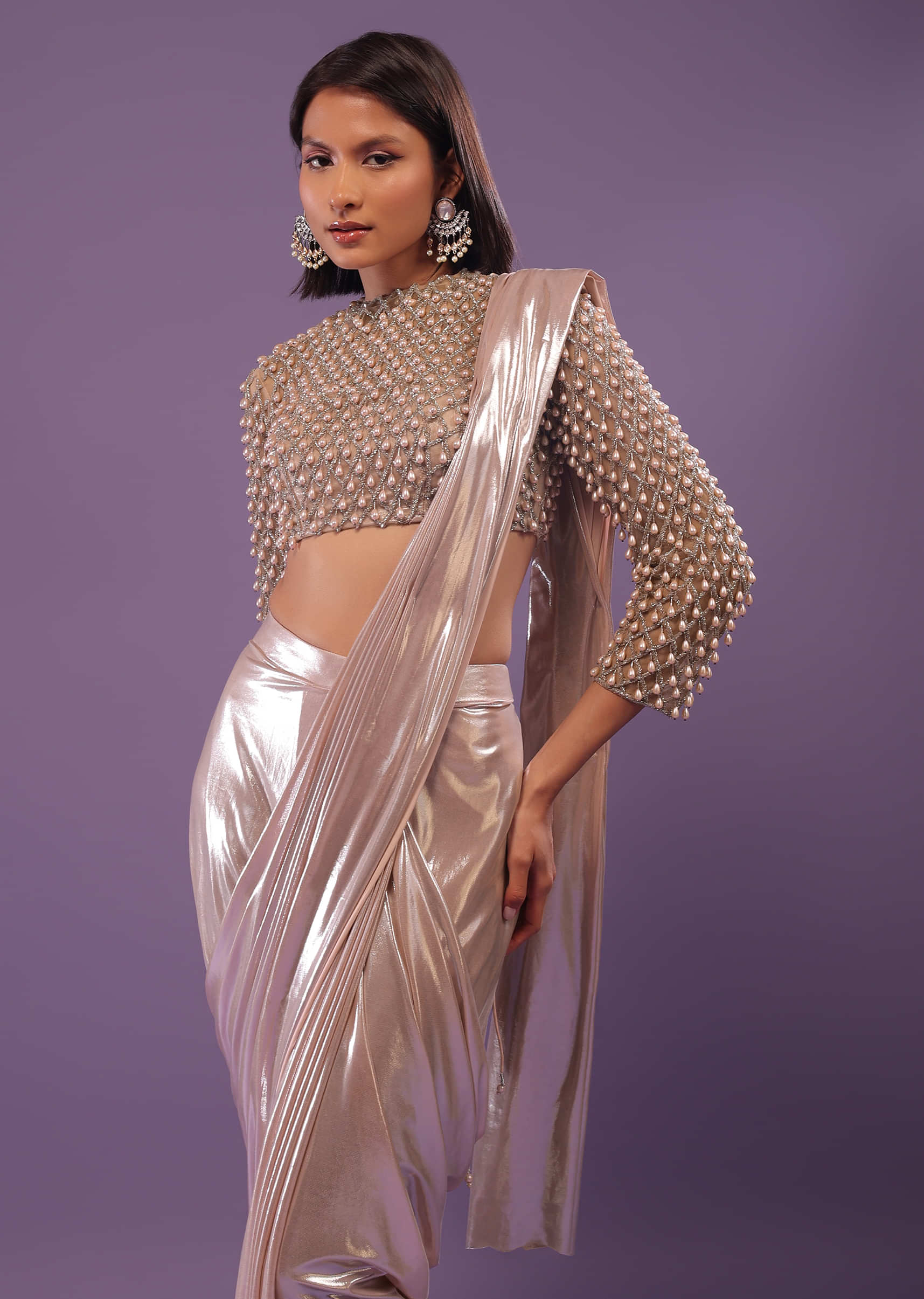 Candy Pink Pleated Saree In Lycra