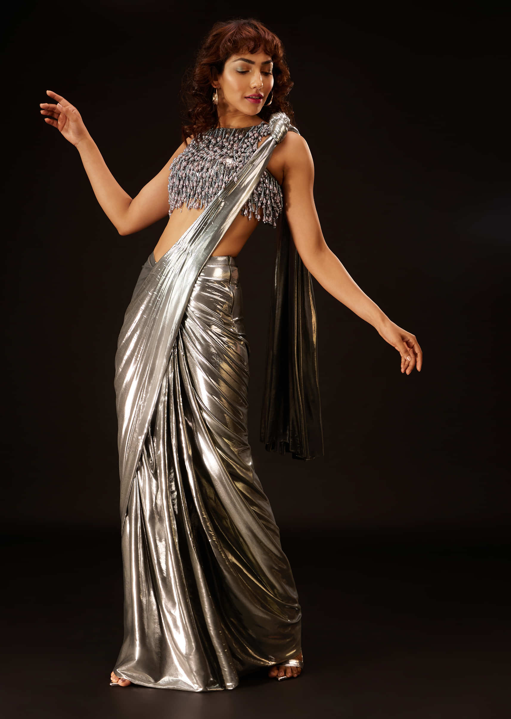 Metallic Silver Pre-Pleated Saree In Satin With An Embroidered Halter Blouse - DEME X KALKI
