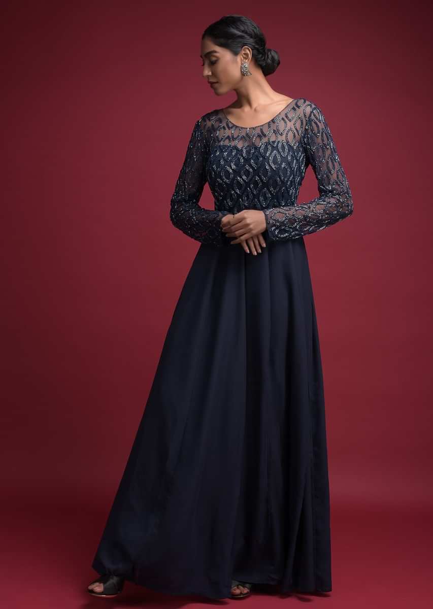 Midnight Blue Gown In Crepe With Cut Dana Embellished Bodice