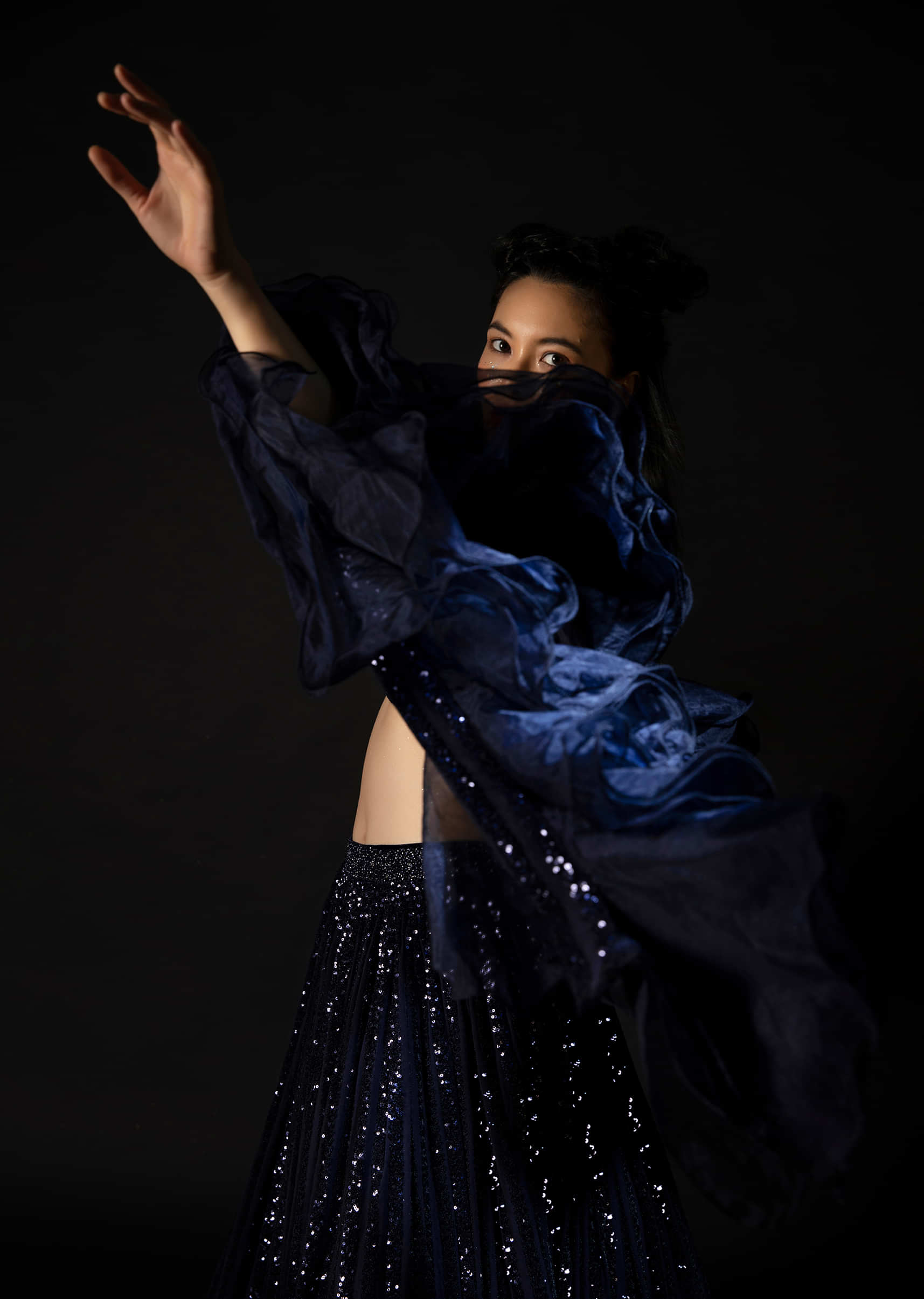 Midnight Blue Lehenga In Striped Sequins With Hand Embroidered Velvet Crop Top And Ruffle Dupatta 