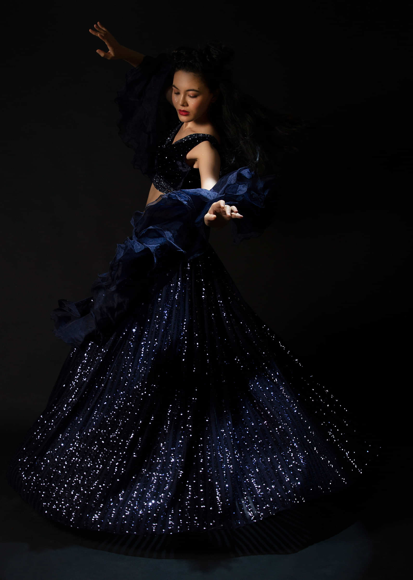 Midnight Blue Lehenga In Striped Sequins With Hand Embroidered Velvet Crop Top And Ruffle Dupatta 