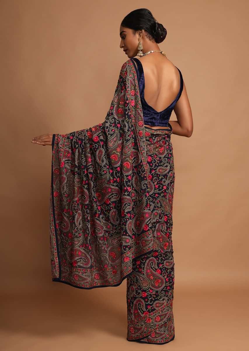 Midnight Blue Saree In Georgette With Kashmiri Embroidery In Paisley And Floral Jaal  