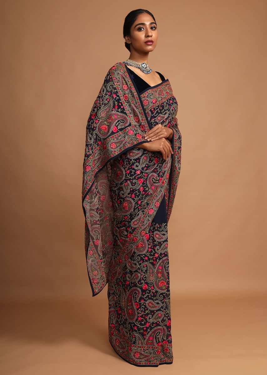 Midnight Blue Saree In Georgette With Kashmiri Embroidery In Paisley And Floral Jaal  
