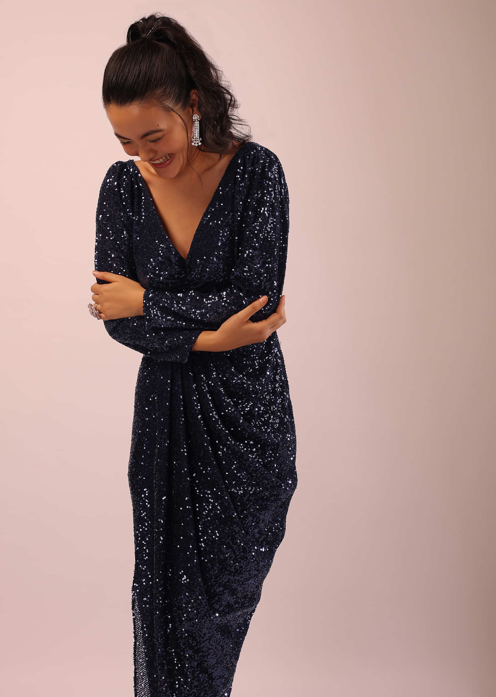 Midnight Blue Gown Embellished In Sequins, With Cowl Drape And Puffed Shoulder Sleeves