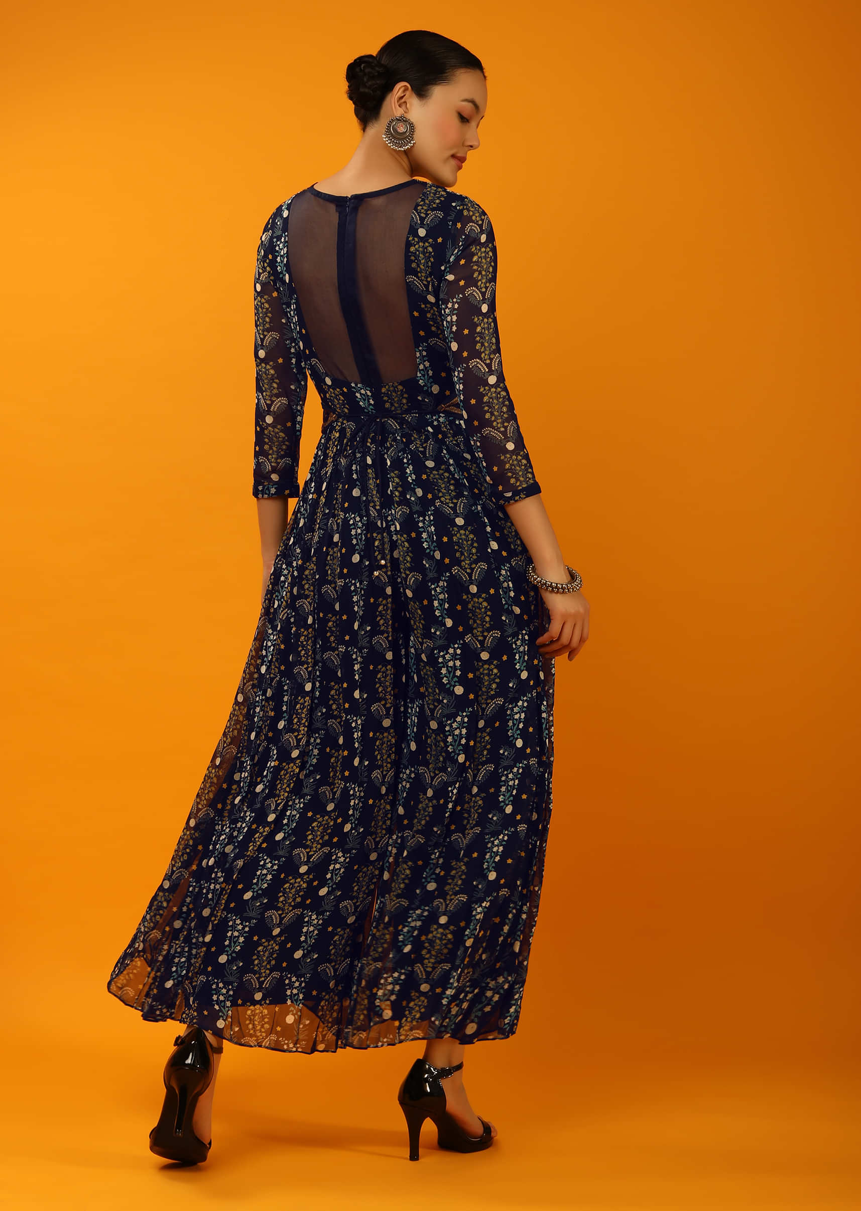 Midnight Blue Jumpsuit In Georgette With Floral Print And Thread Embroidered Belt