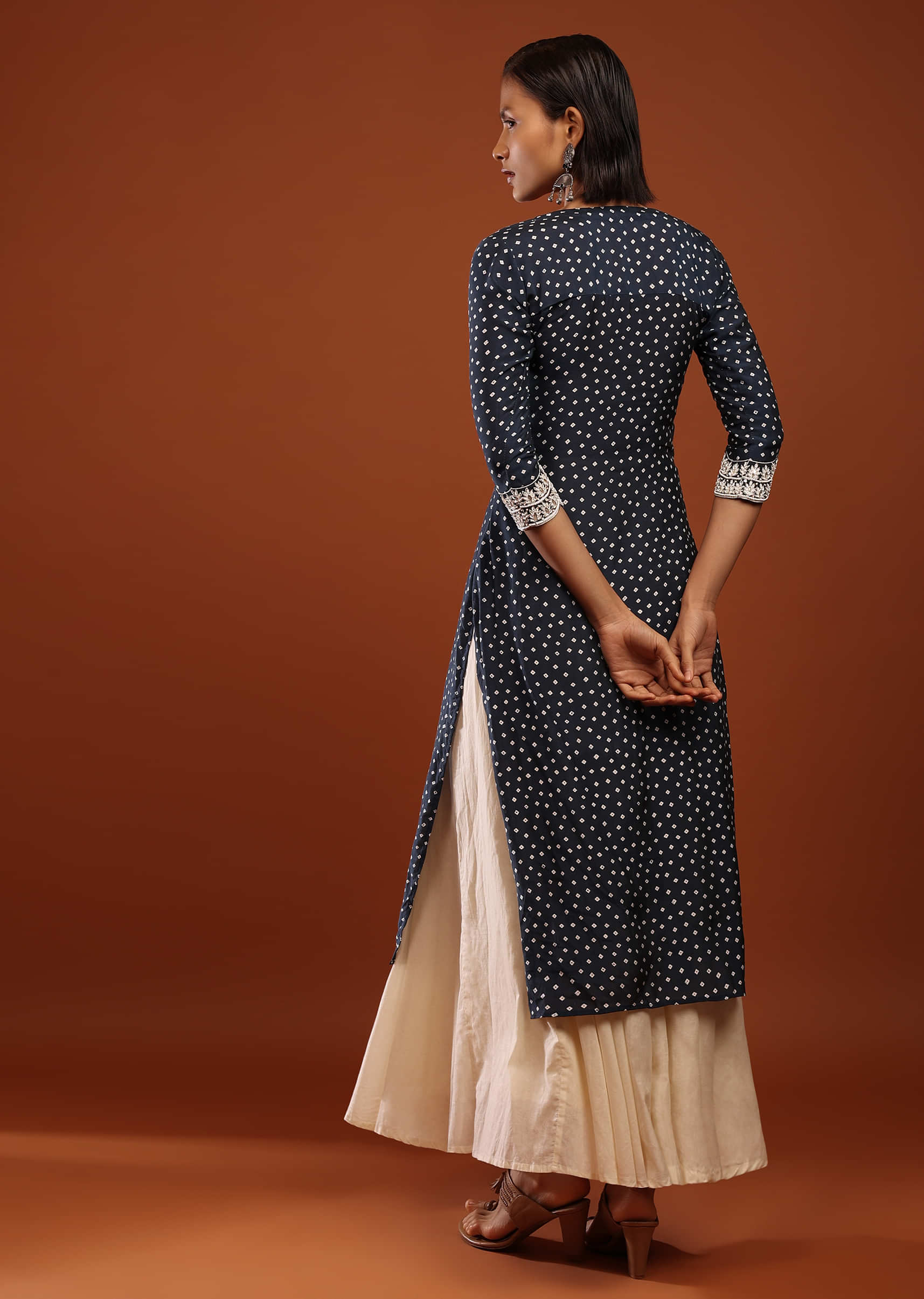 Persian Blue Kurta In Cotton With Bandhani Buttis And Moti Detailed Tassels