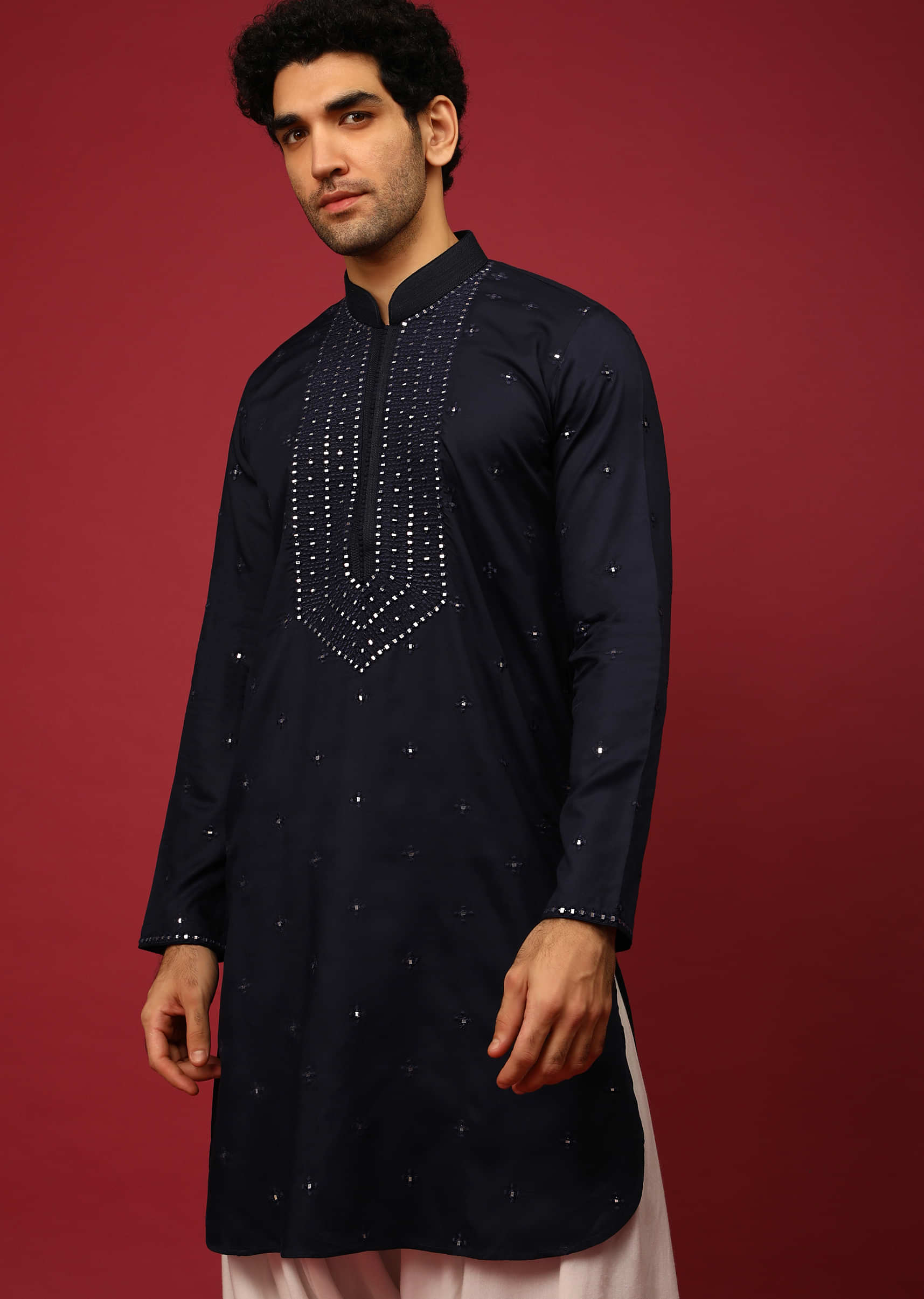 Midnight Blue Pathani Suit In Cotton With Mirror And Thread Embroidered Buttis And Heavy Placket Design  