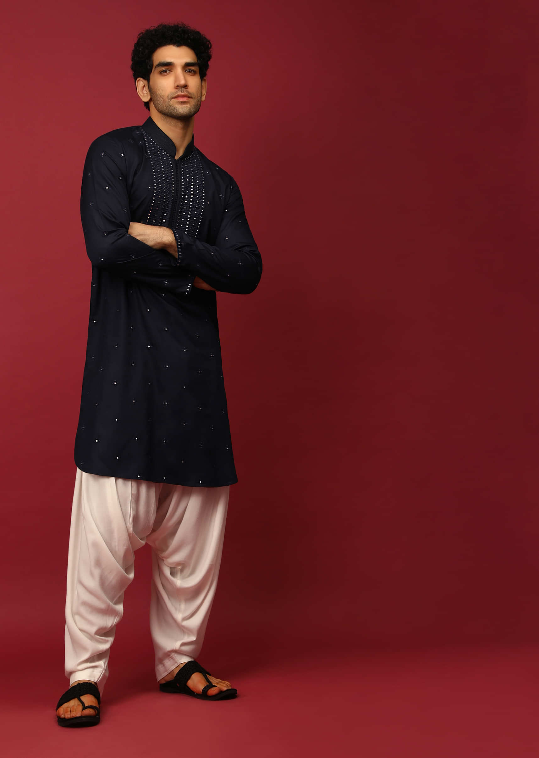 Midnight Blue Pathani Suit In Cotton With Mirror And Thread Embroidered Buttis And Heavy Placket Design  