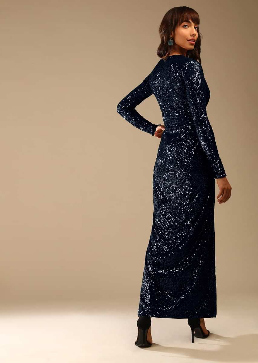 Midnight Blue Sequins Gown With Plunging V Neckline And Ruched Belt Along With Gathers In The Front