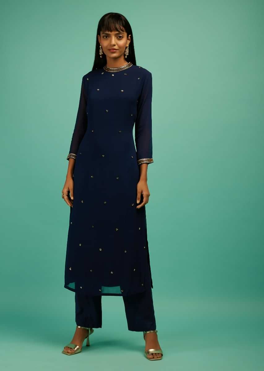 Midnight Blue Straight Cut Suit In Georgette With Sequin Embellished Buttis  